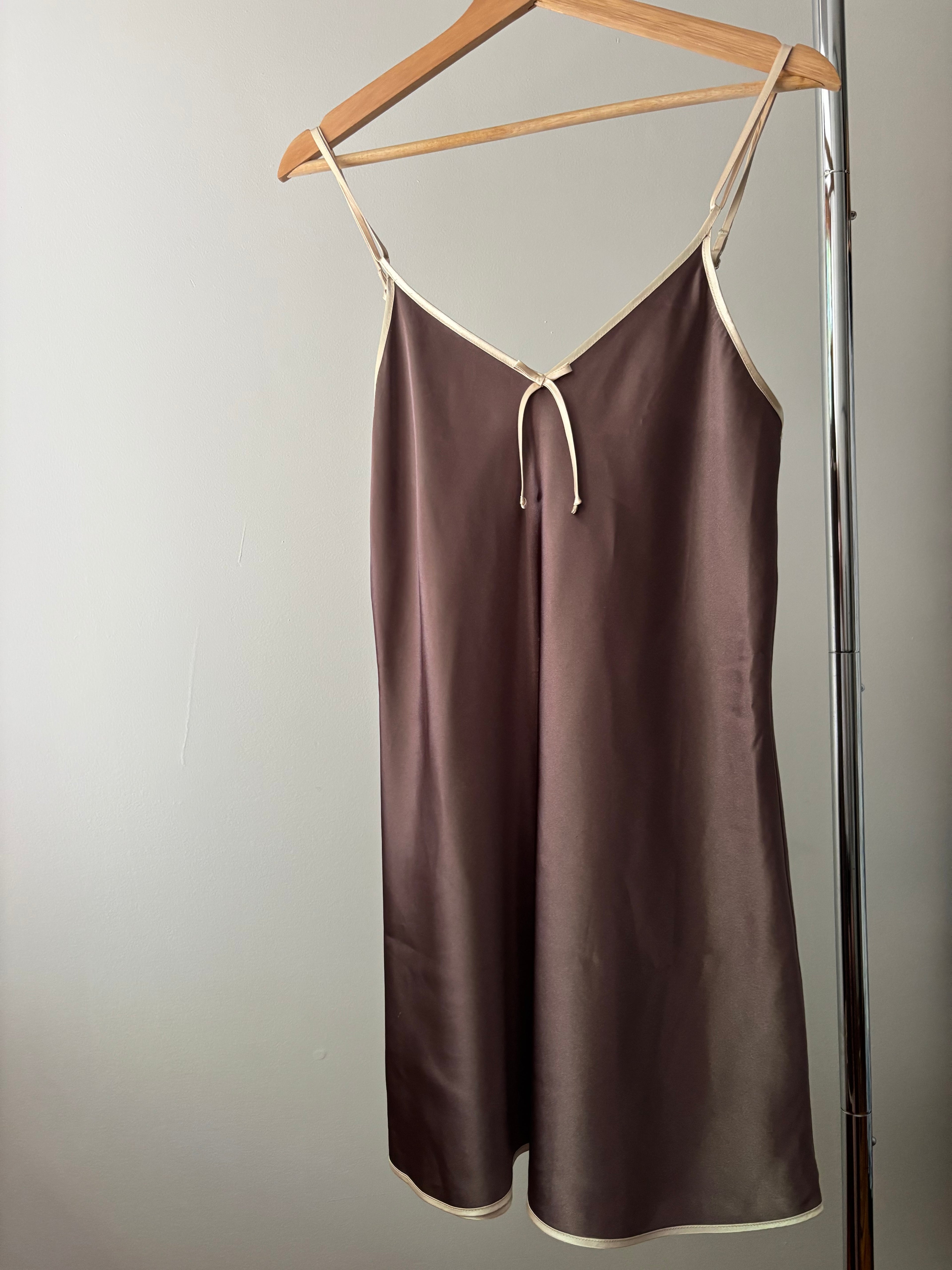 Y2K Brown Satin Slip Dress with Bow