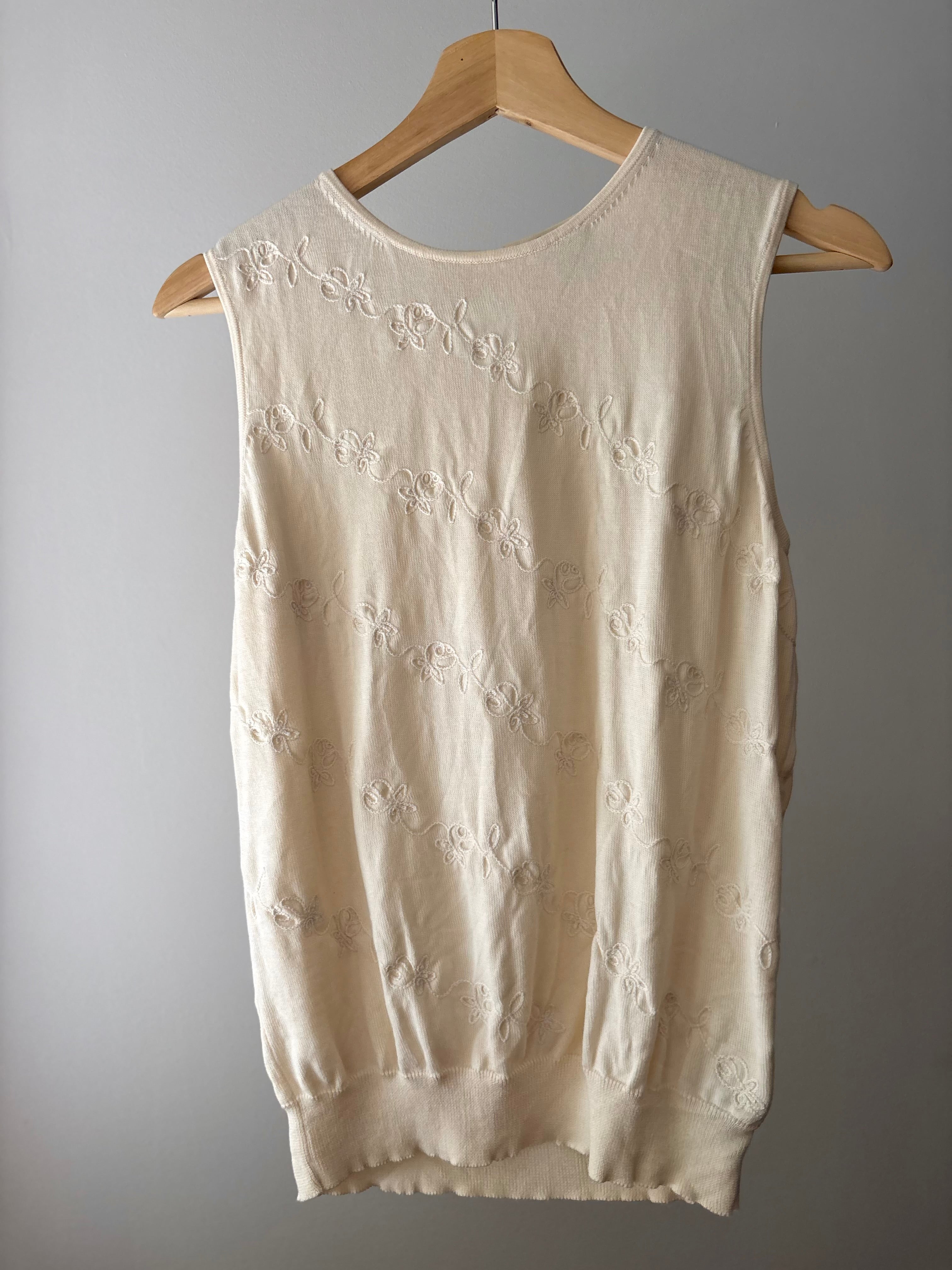 Y2K Cream Floral Embroidered Crewneck Tank