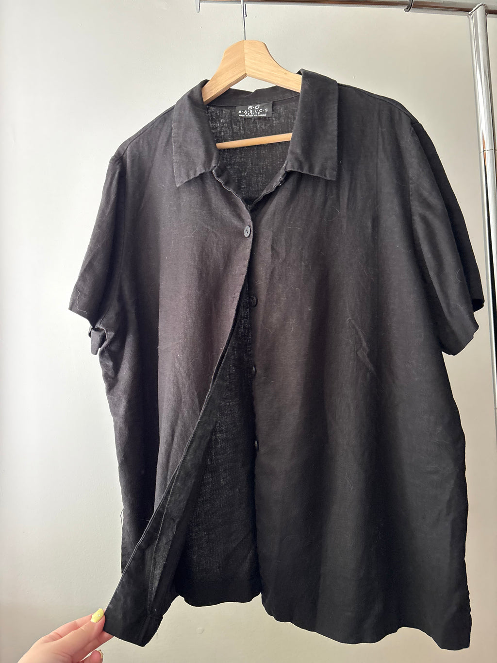 1990s Black Linen Short Sleeve Blouse