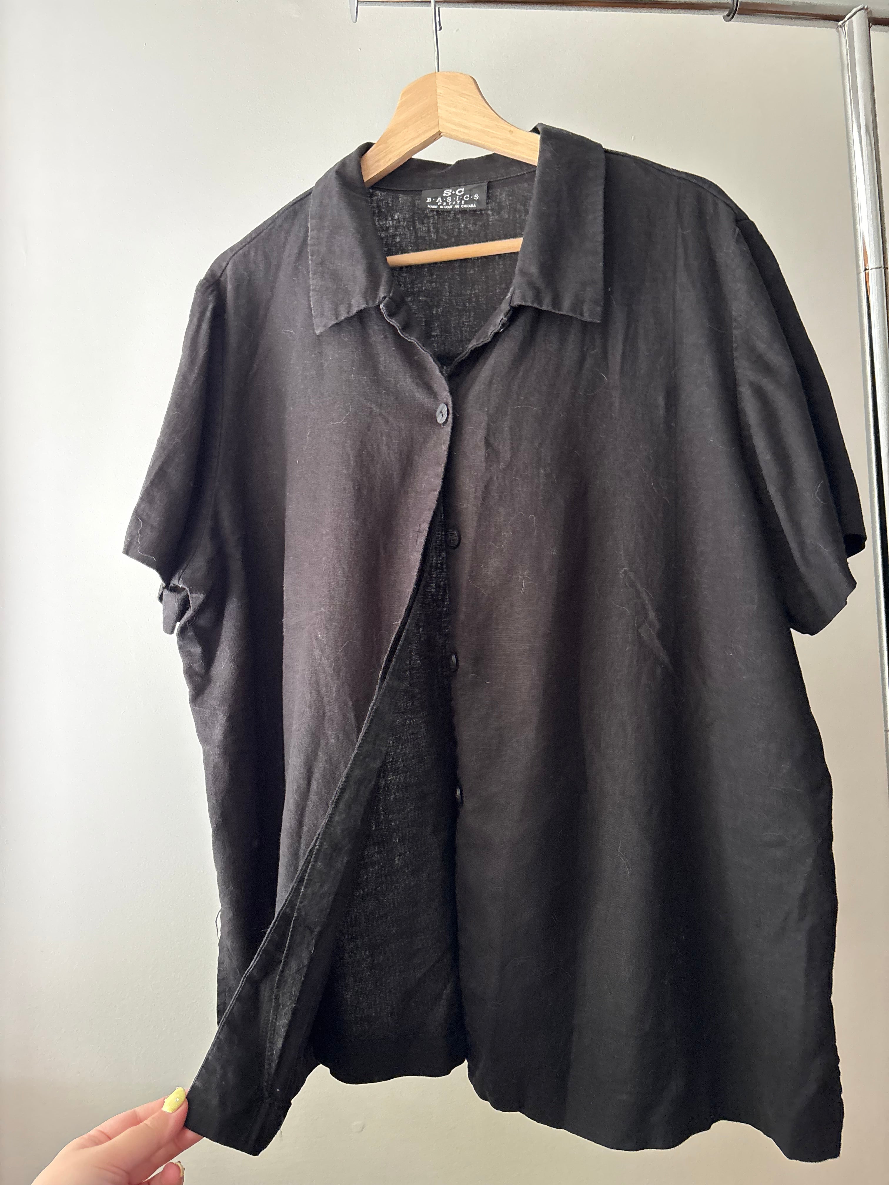 1990s Black Linen Short Sleeve Blouse