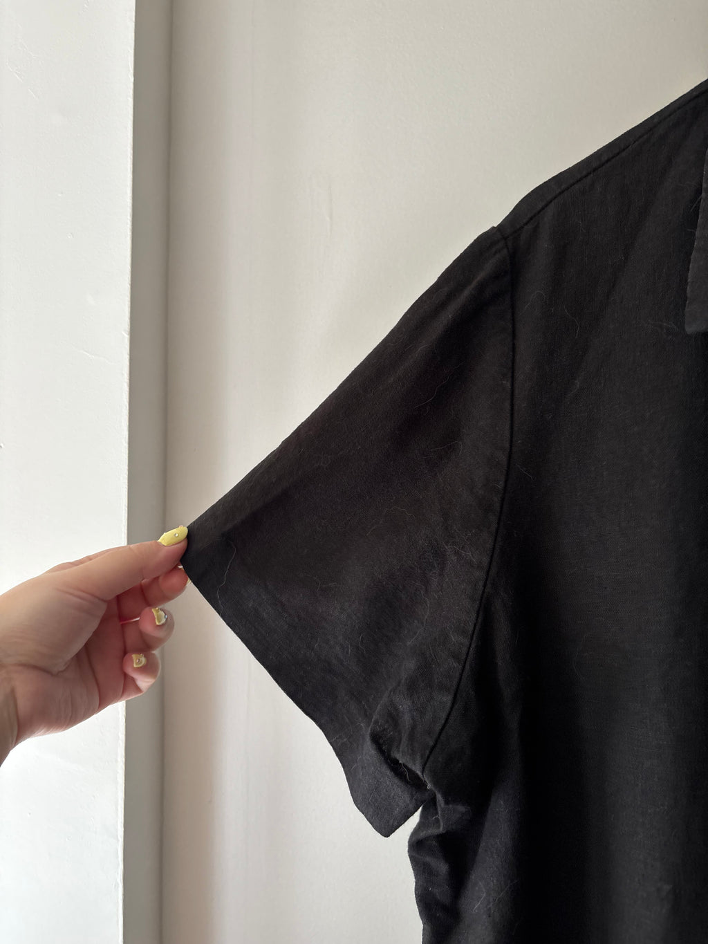 1990s Black Linen Short Sleeve Blouse