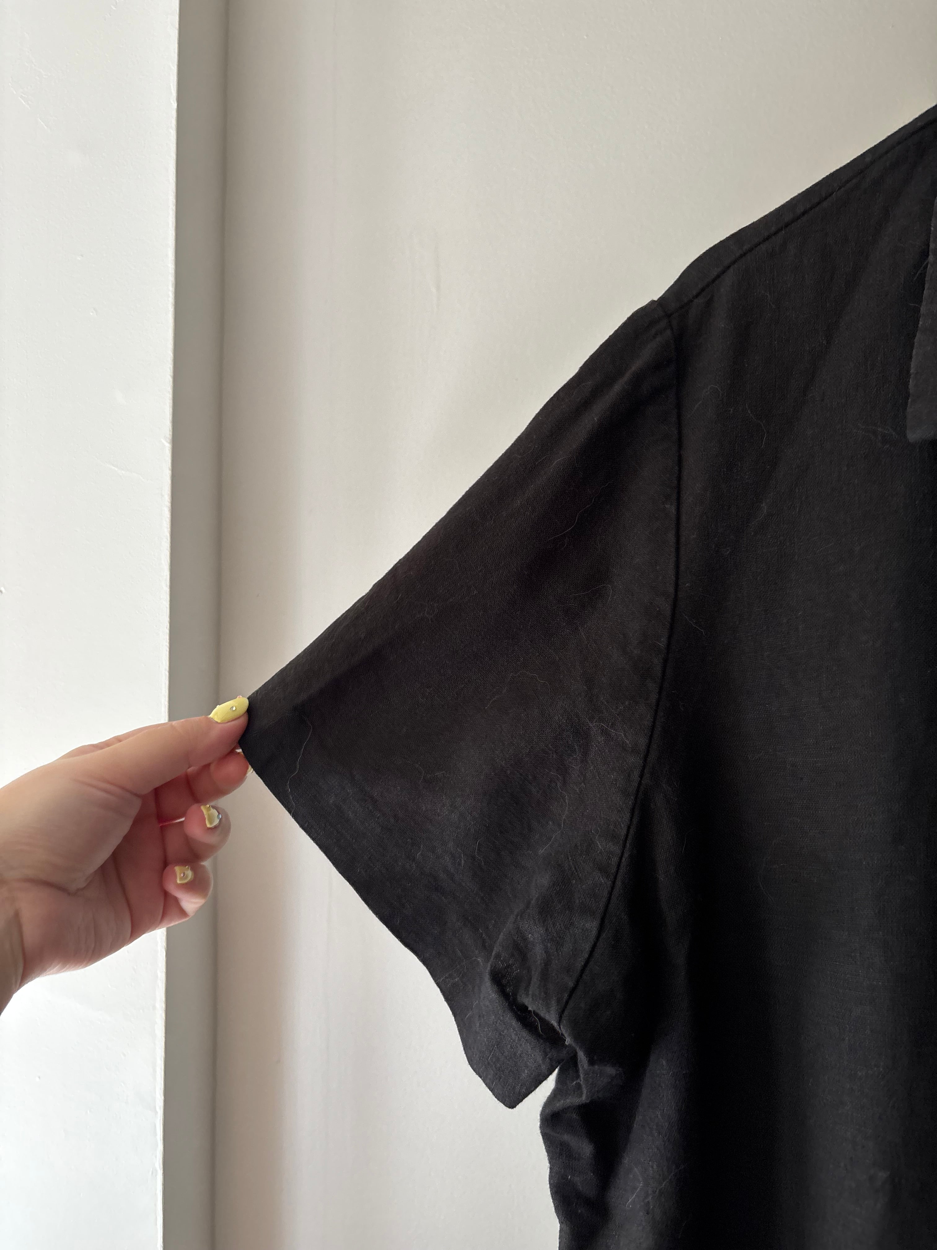 1990s Black Linen Short Sleeve Blouse