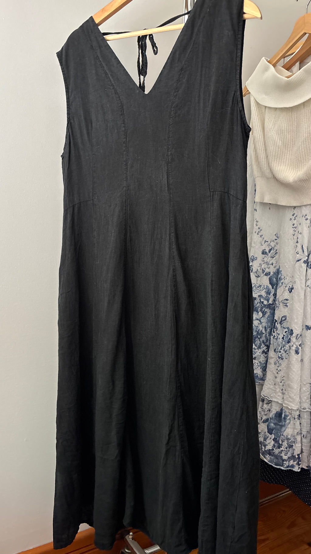 Black Linen Tie-Back Maxi Dress