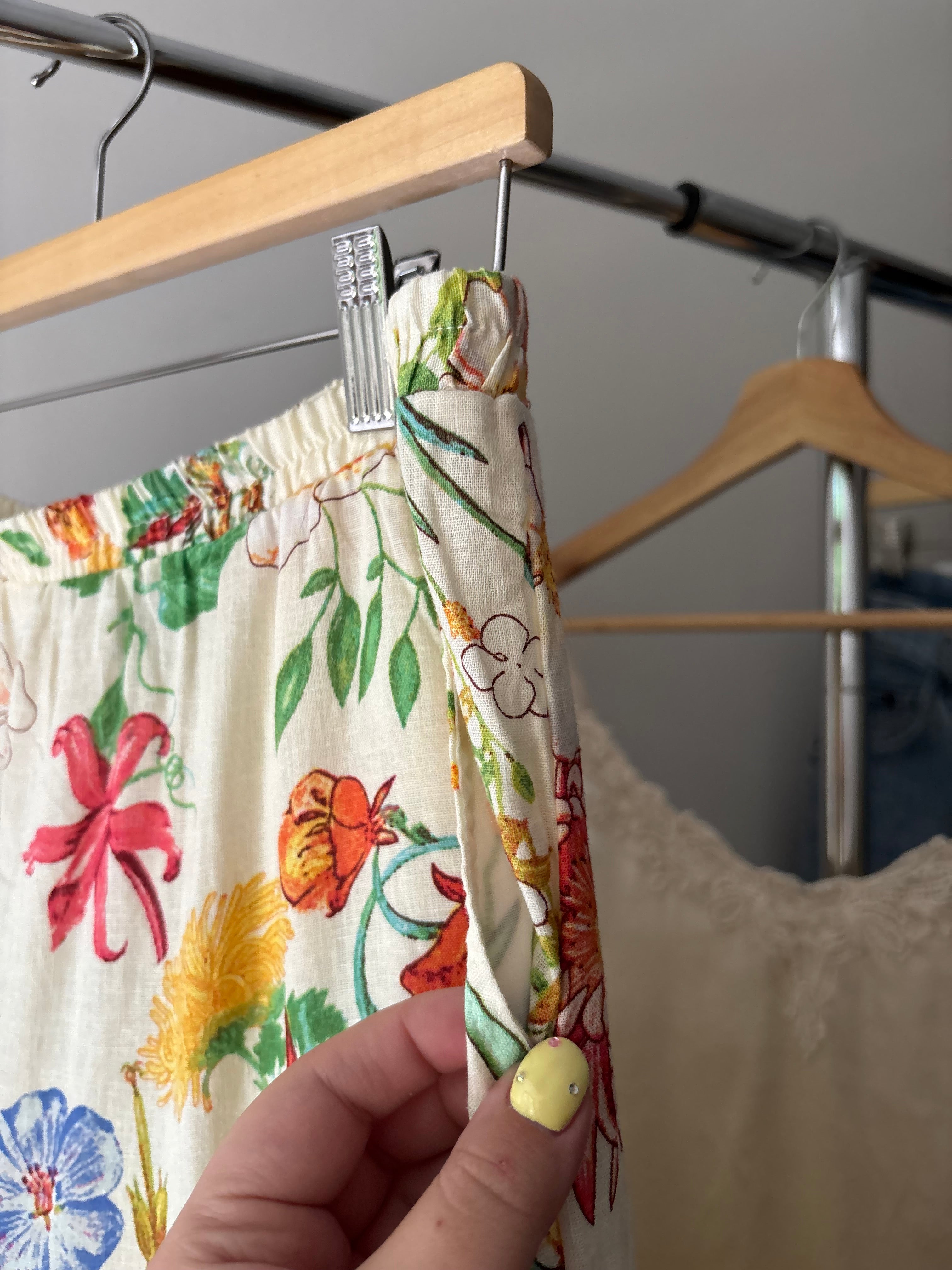 Linen Tiered Floral Maxi Skirt with Pockets