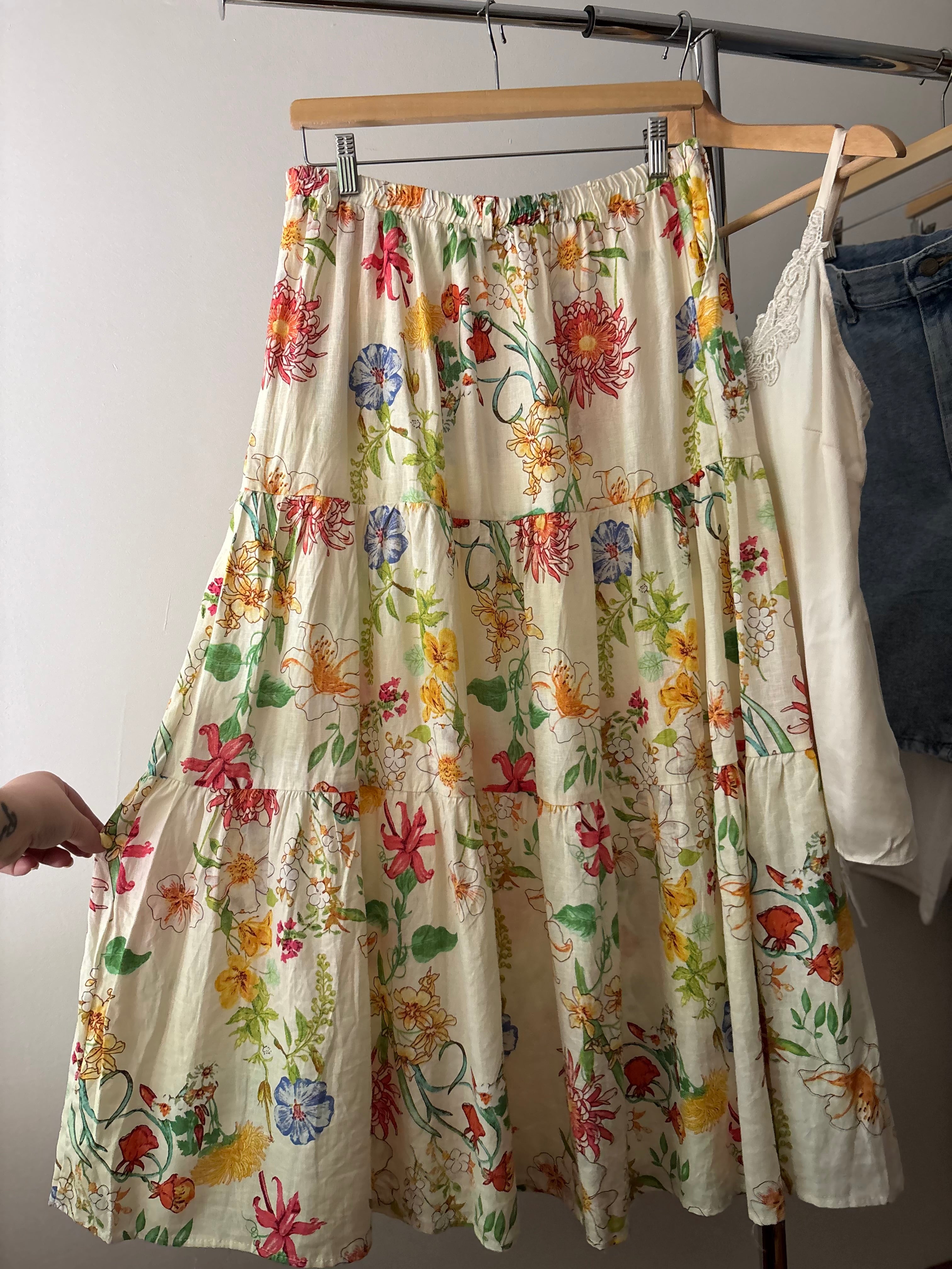 Linen Tiered Floral Maxi Skirt with Pockets