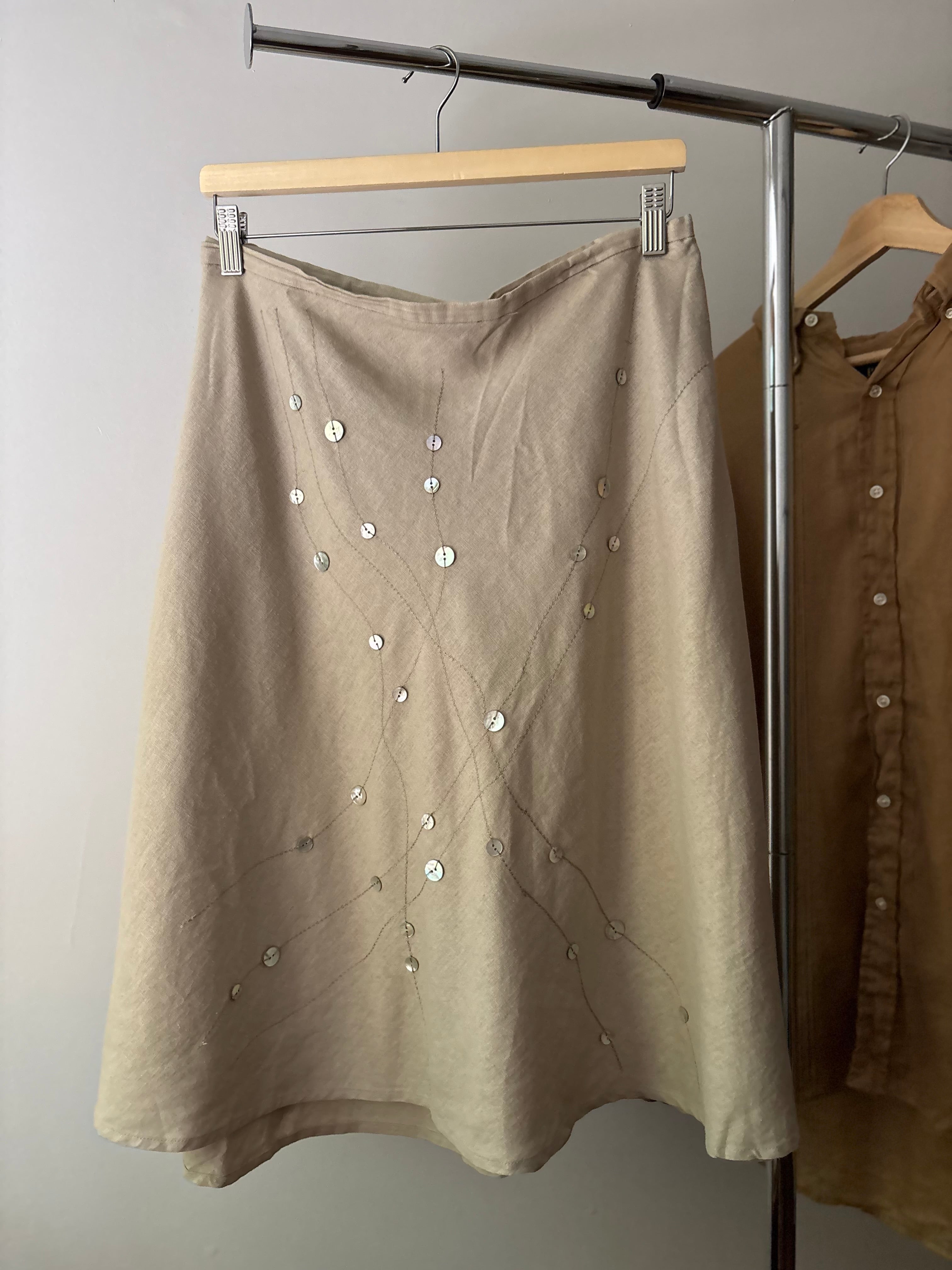 Y2K Linen Midi Skirt with Button Design | 40" waist