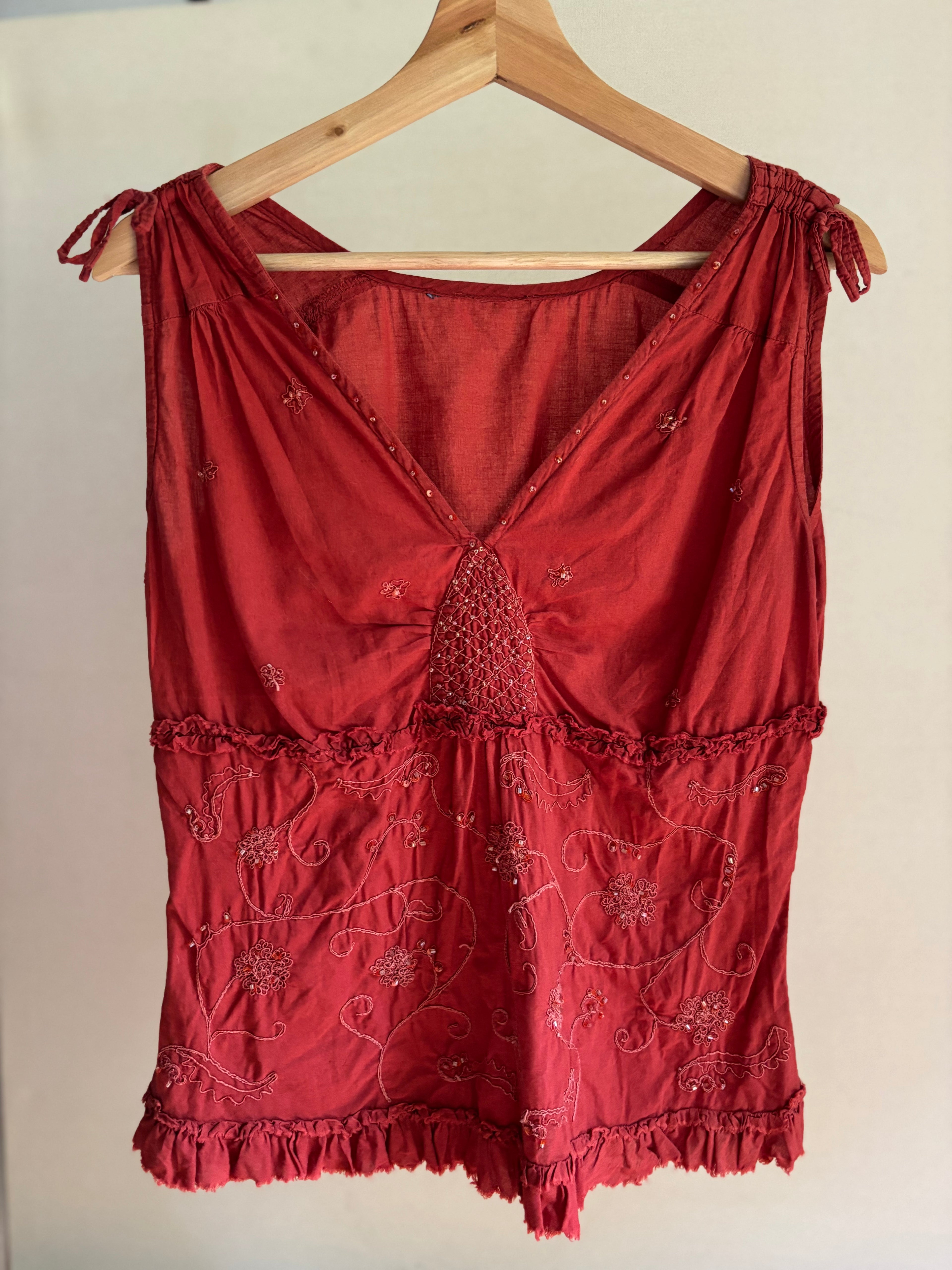 Y2K Vintage Orange Cotton Top with Embroidery & Beading