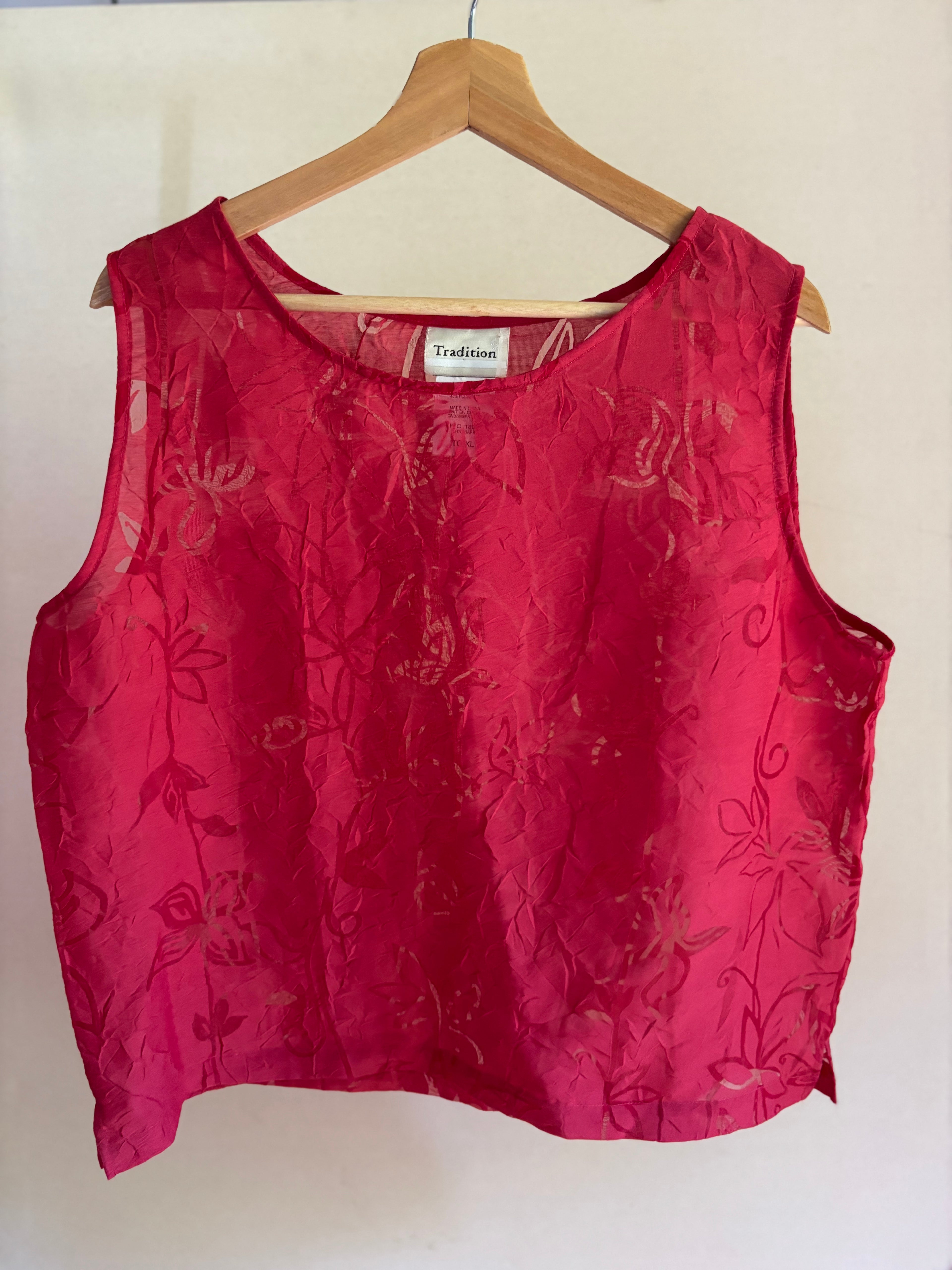 1990s Sheer Boxy Red Floral Tank Top