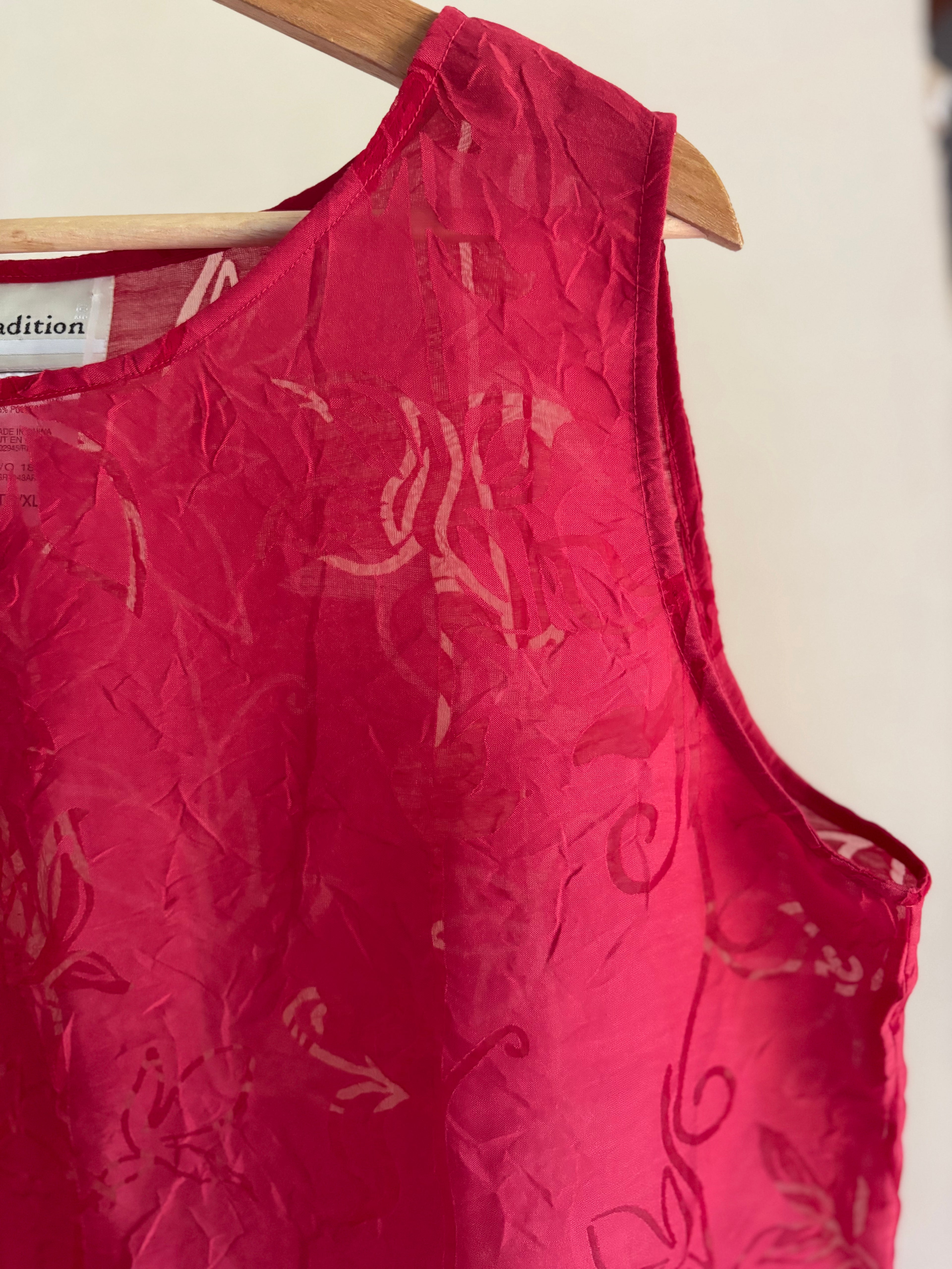 1990s Sheer Boxy Red Floral Tank Top