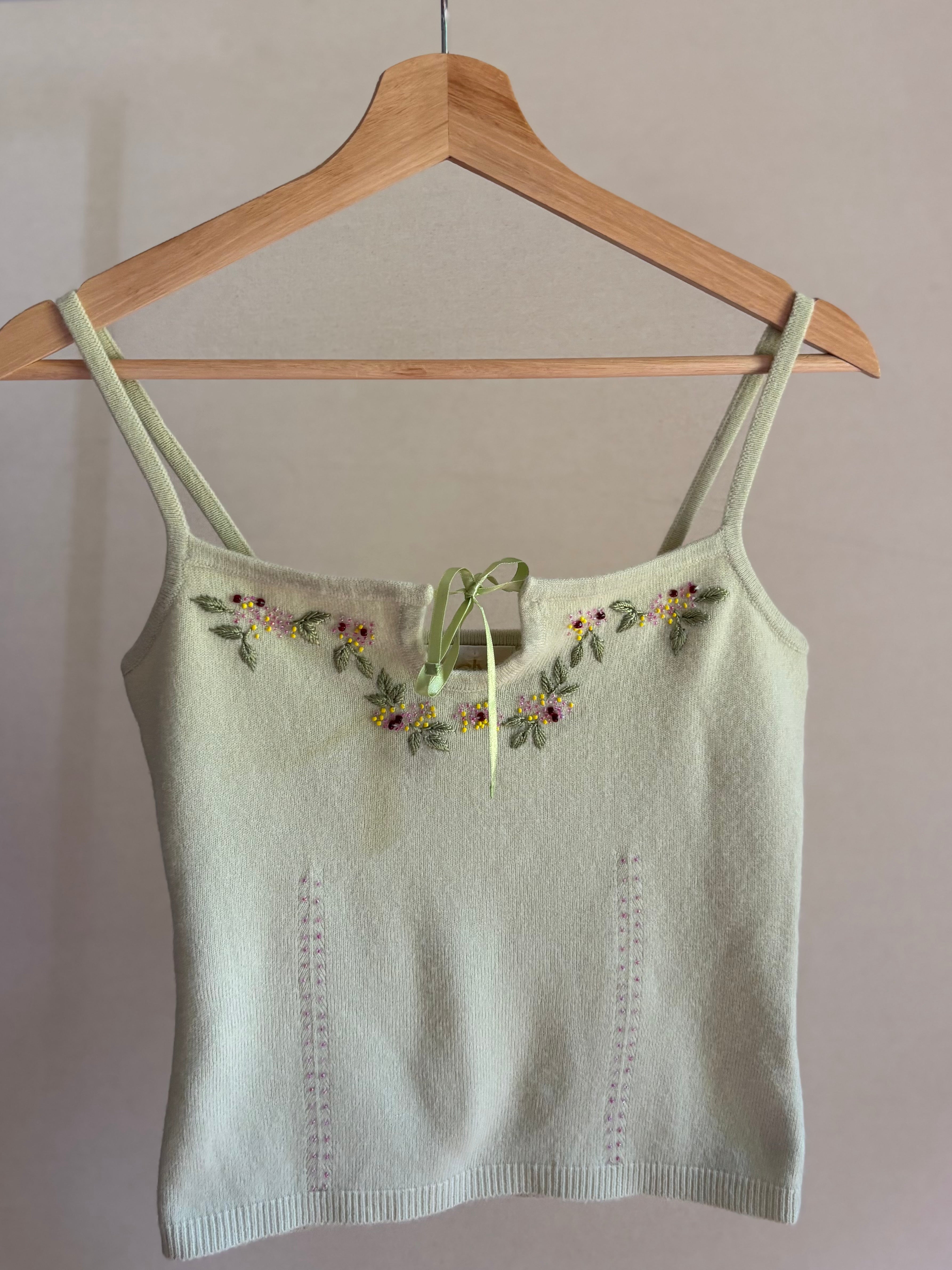 1990s Beaded Floral Knit Tank Top with Bow