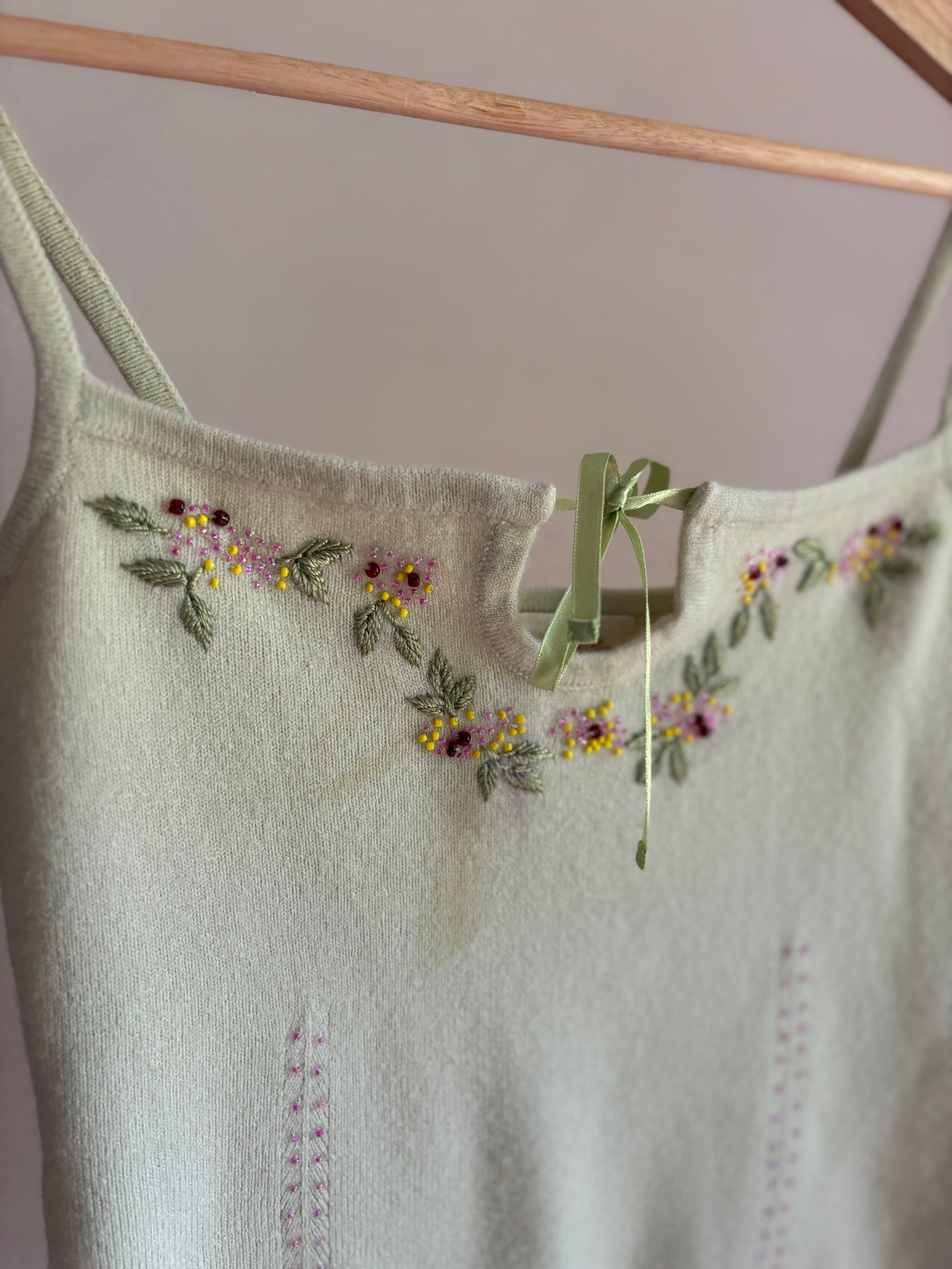 1990s Beaded Floral Knit Tank Top with Bow