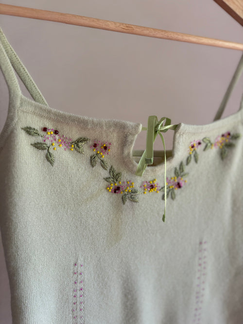 1990s Beaded Floral Knit Tank Top with Bow
