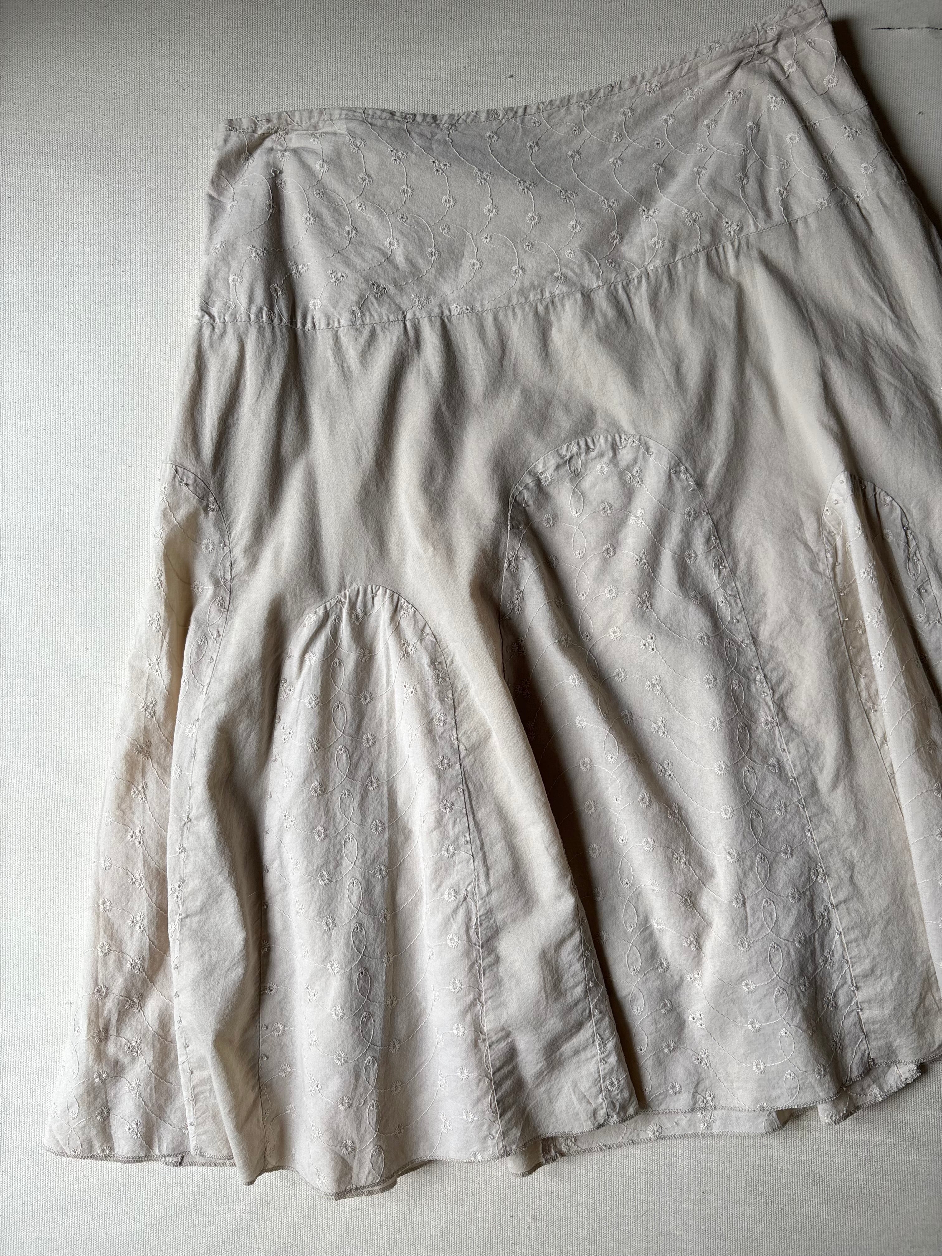 1990s Eyelet Cotton Midi Skirt with Beads