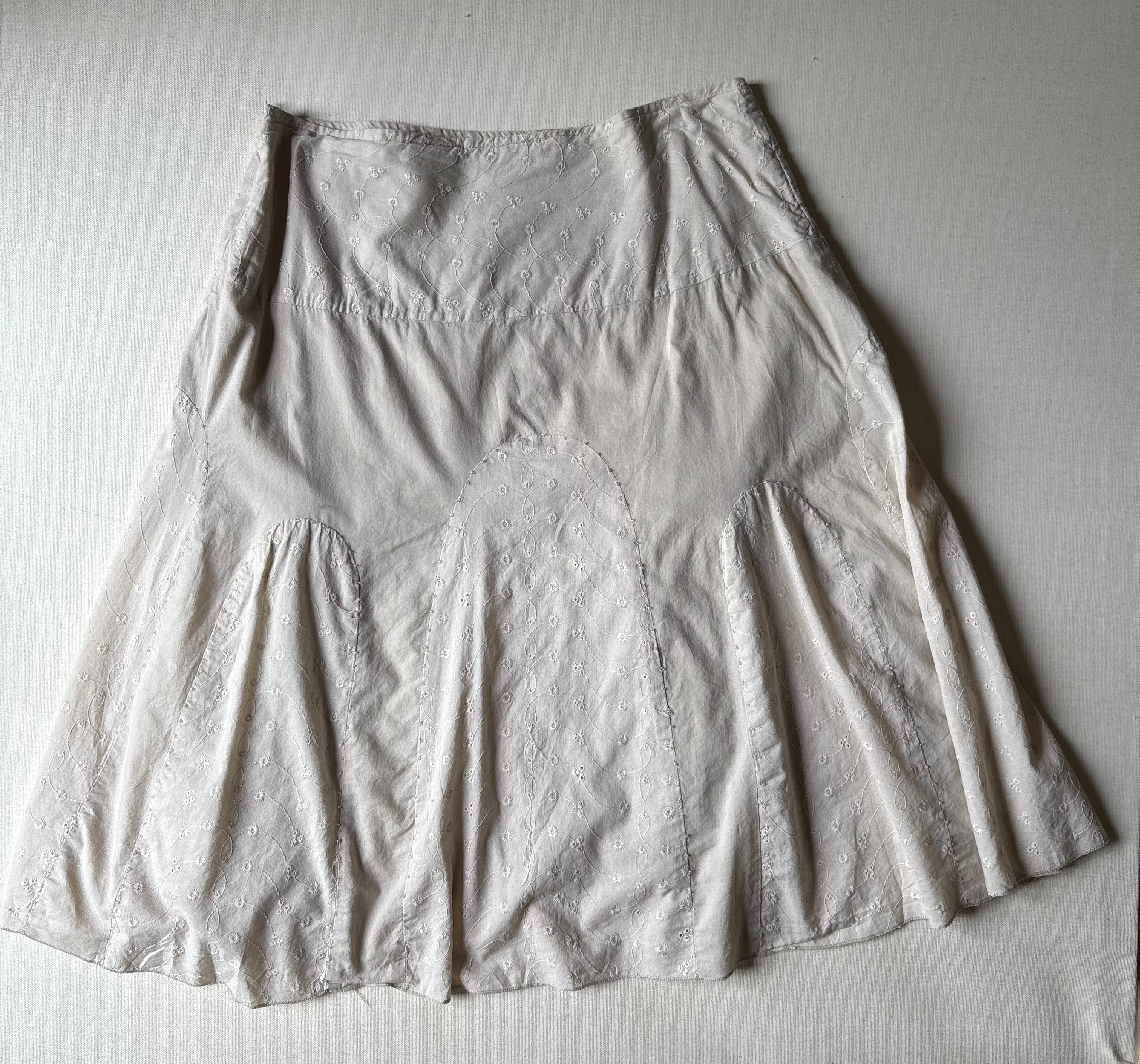 1990s Eyelet Cotton Midi Skirt with Beads