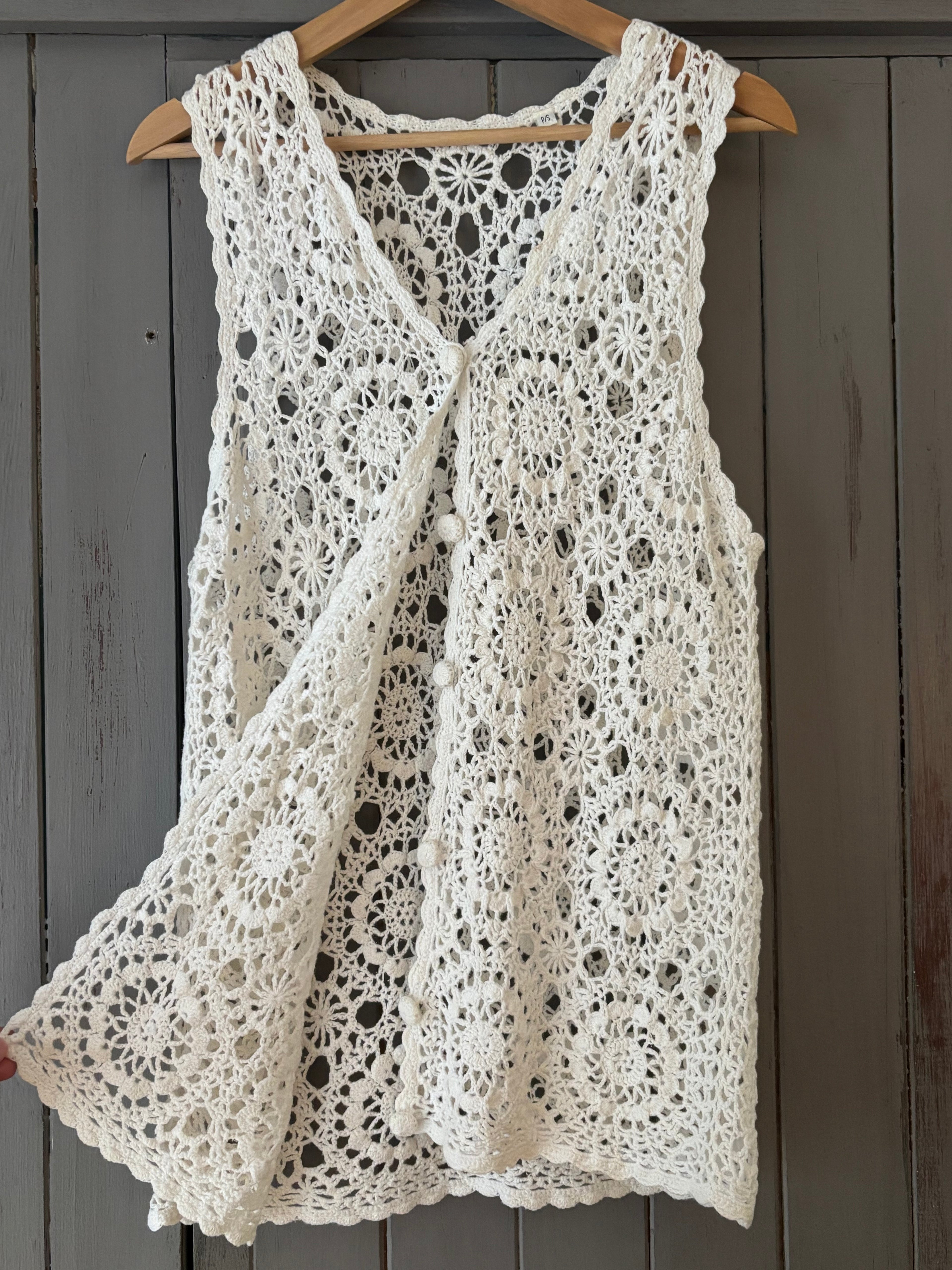 1990s White Crochet Vest | Vintage Button Up Top