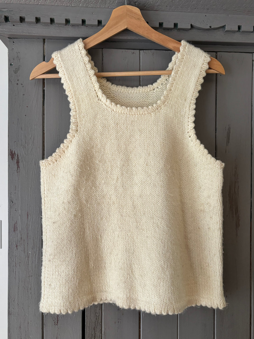 Handknit Cream Vest Top with Scallop Trim