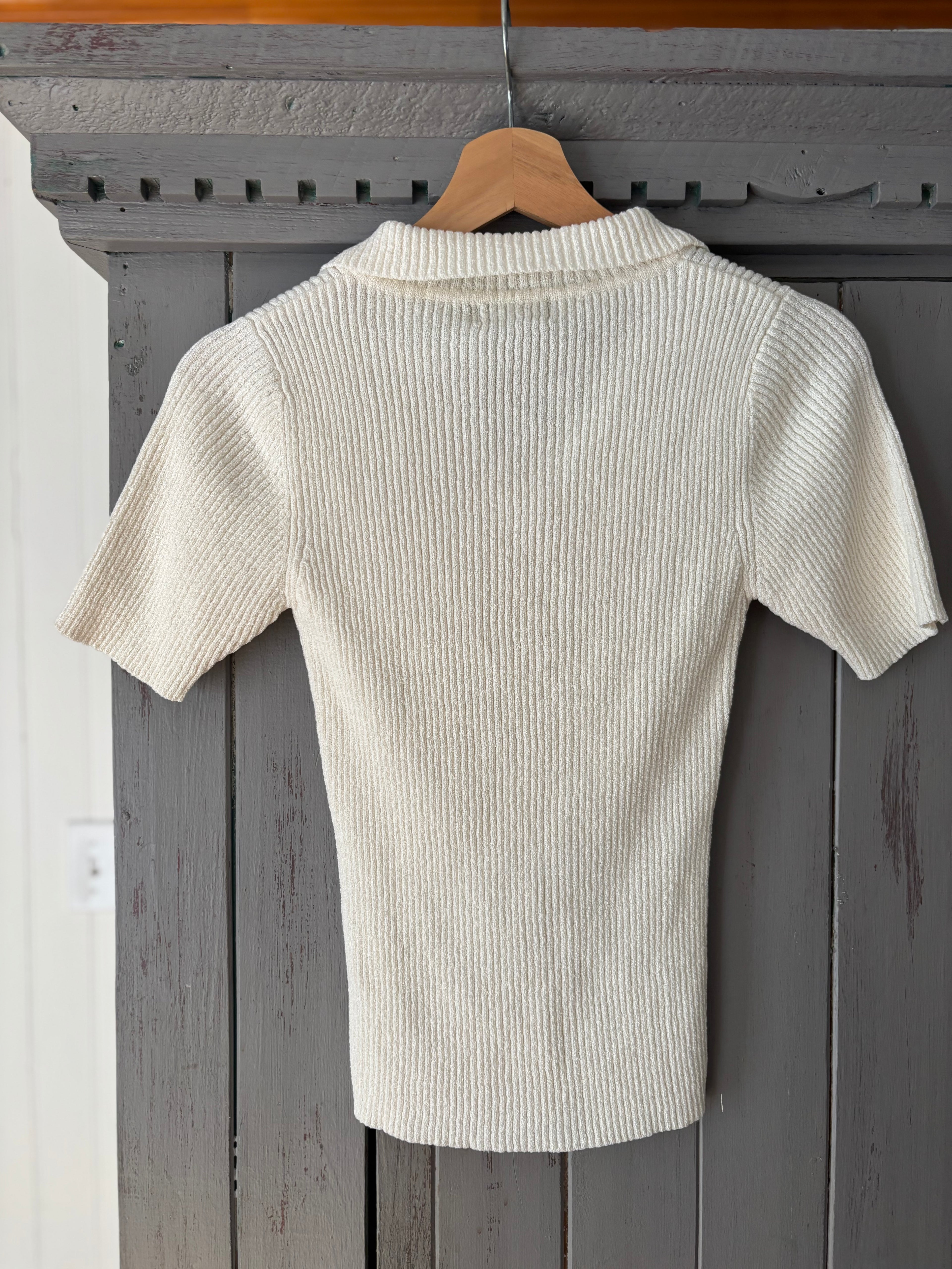 1990s Cream Ribbed Polo Top