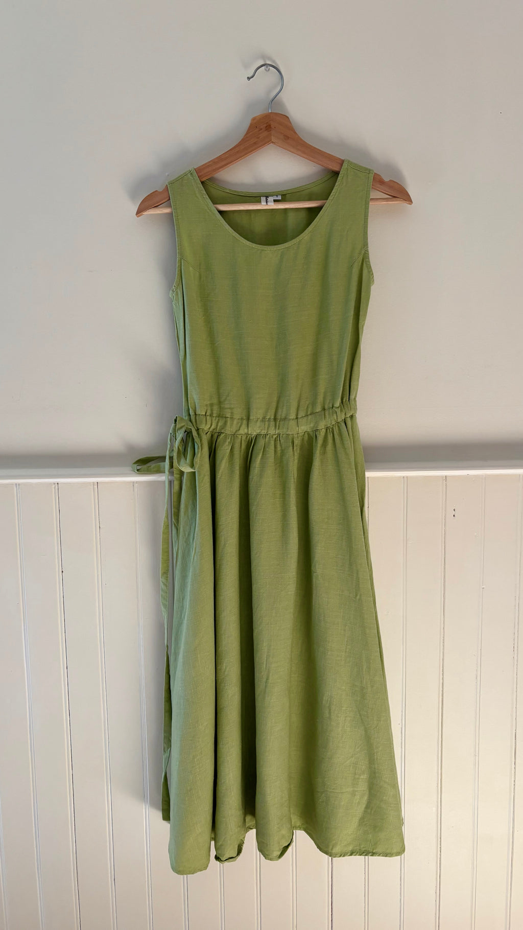 Y2K Green Linen Midi Dress with Tie