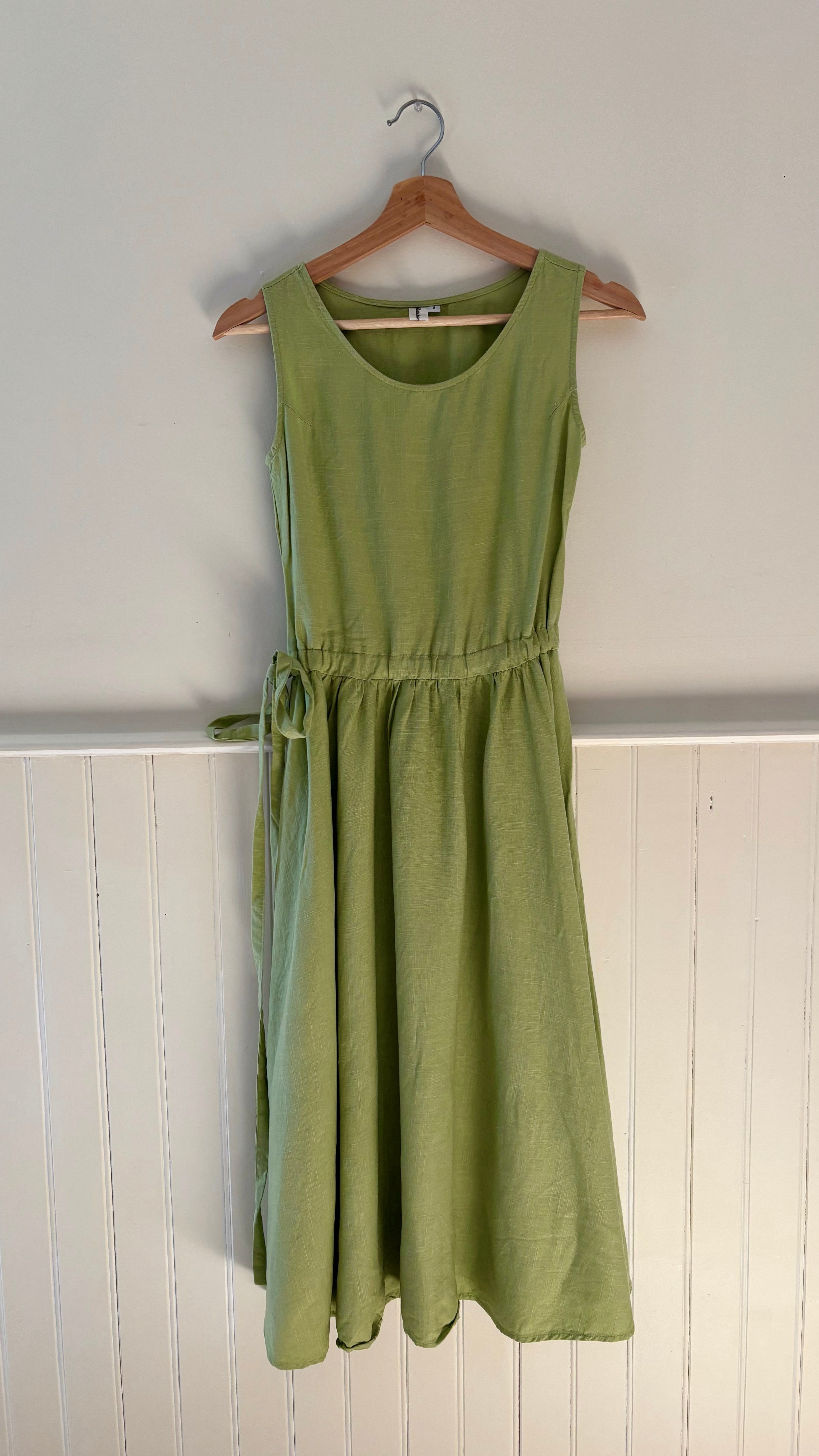 Y2K Green Linen Midi Dress with Tie