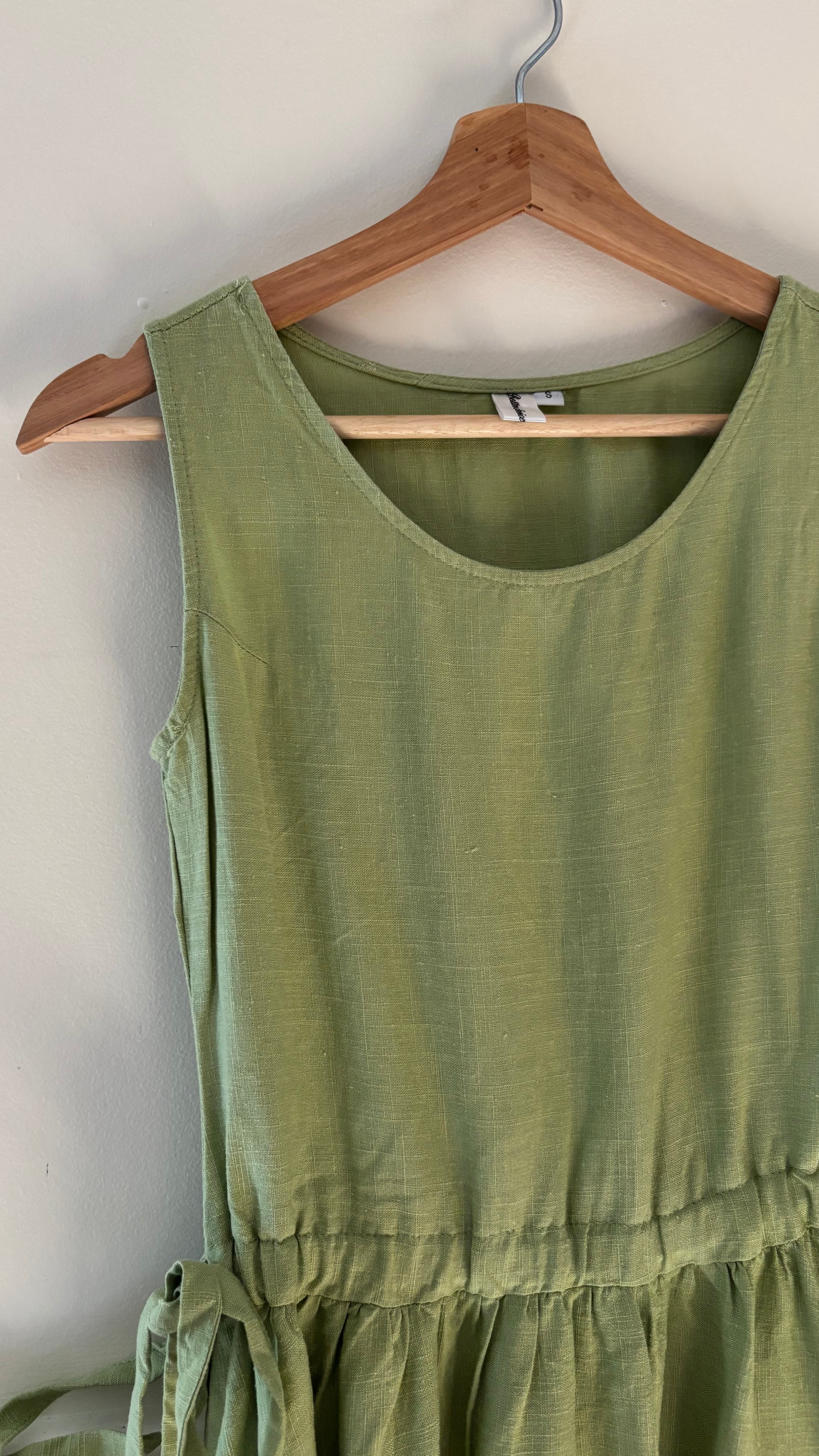 Y2K Green Linen Midi Dress with Tie