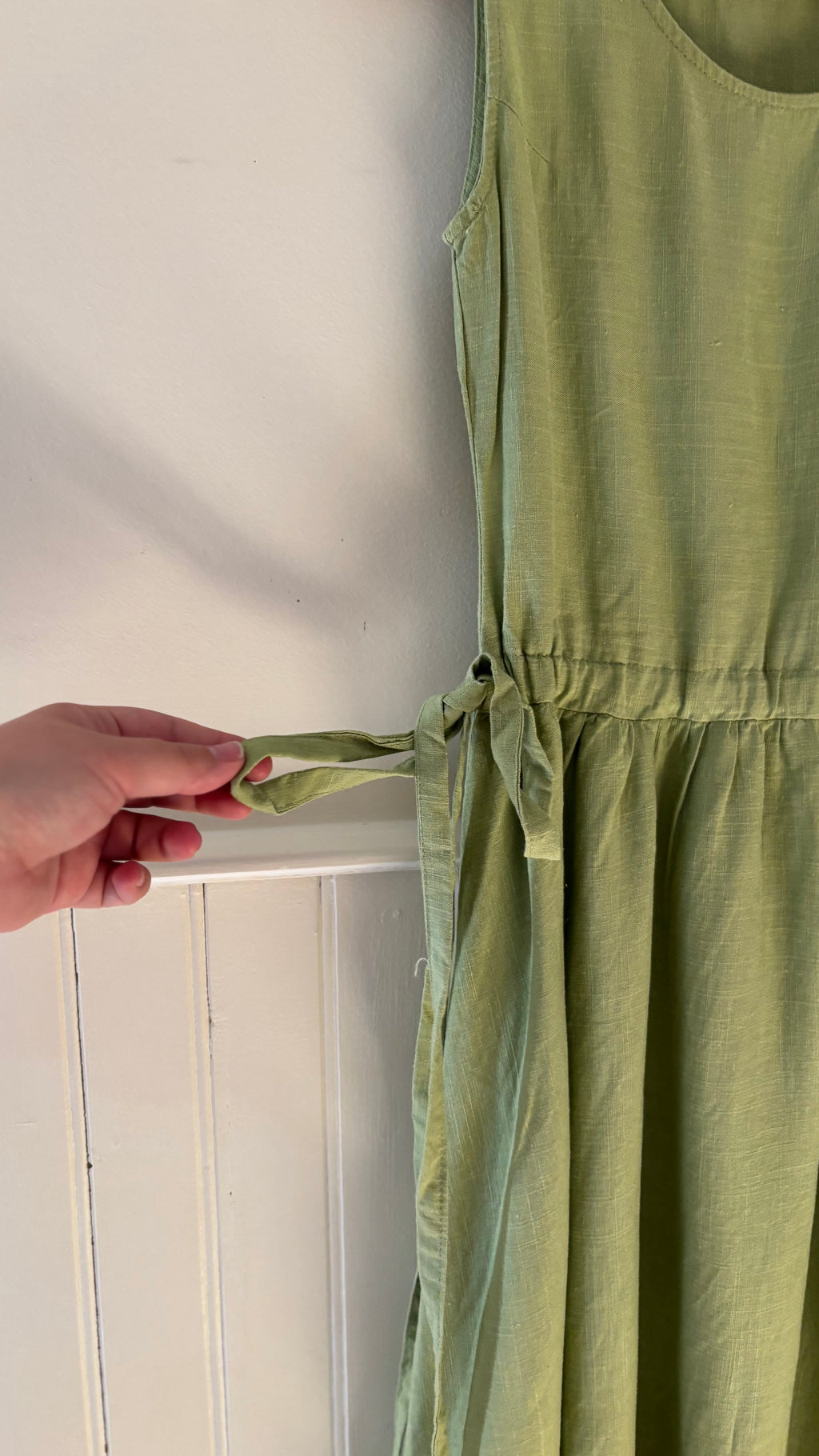 Y2K Green Linen Midi Dress with Tie
