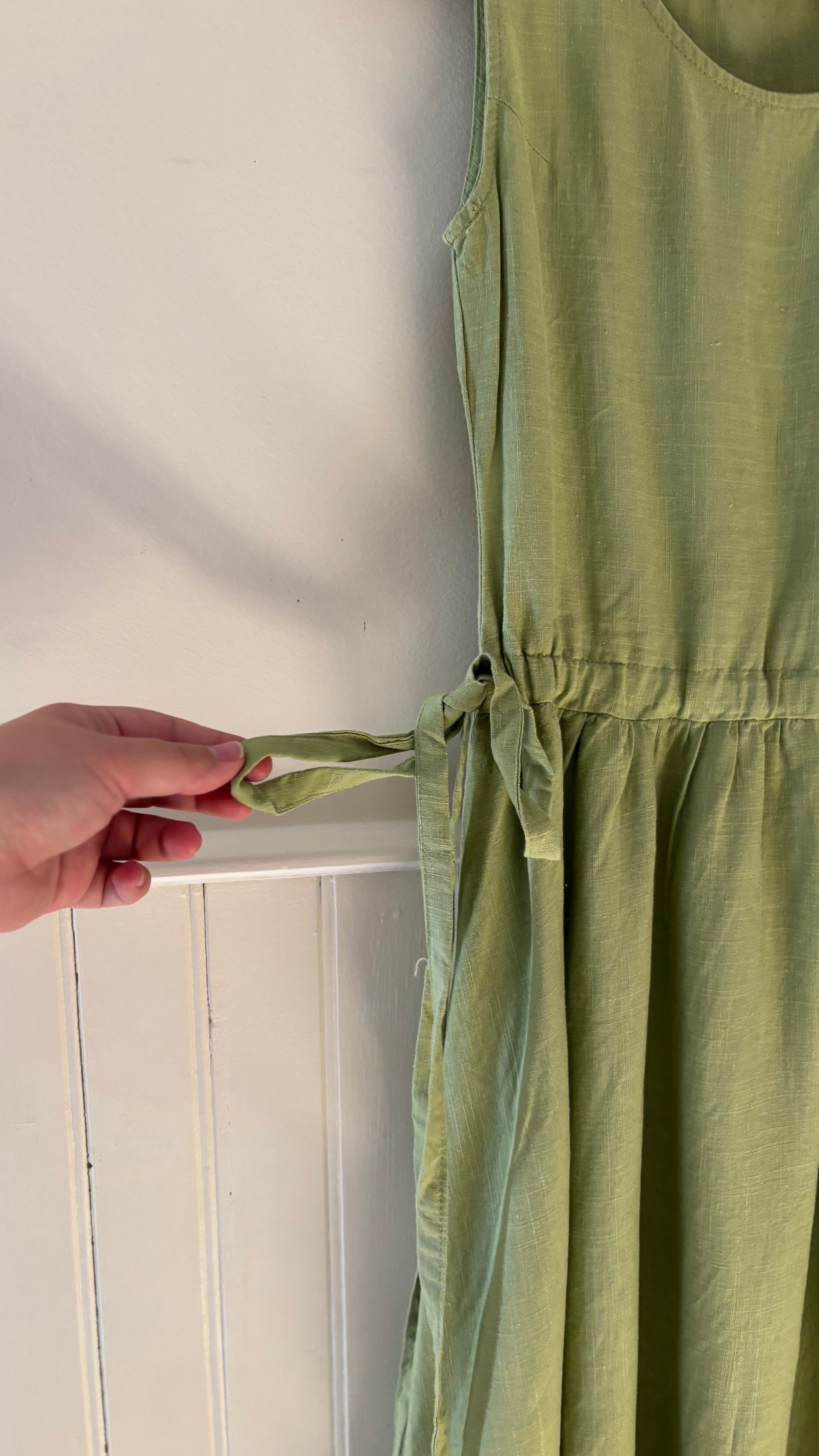 Y2K Green Linen Midi Dress with Tie