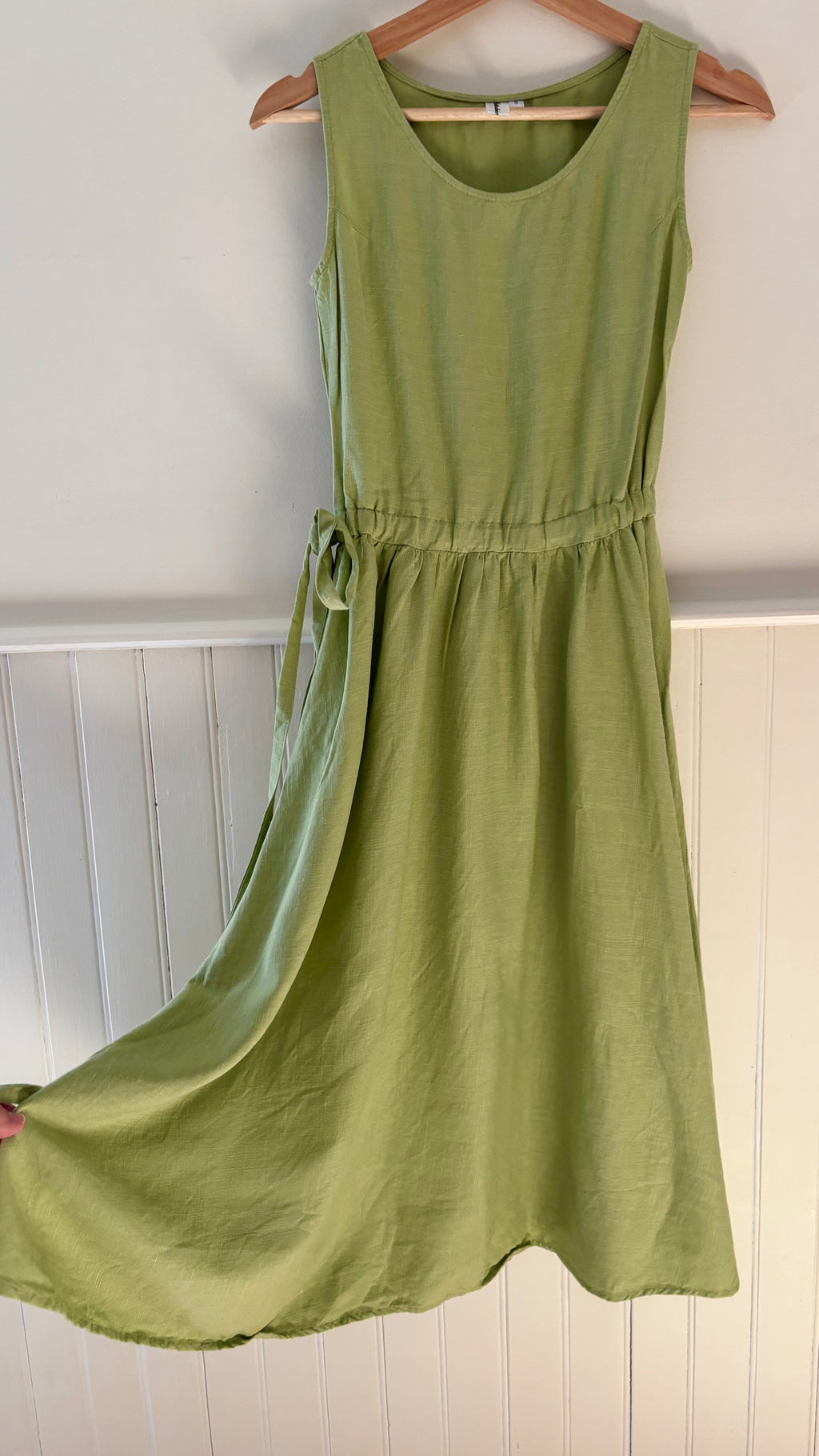 Y2K Green Linen Midi Dress with Tie