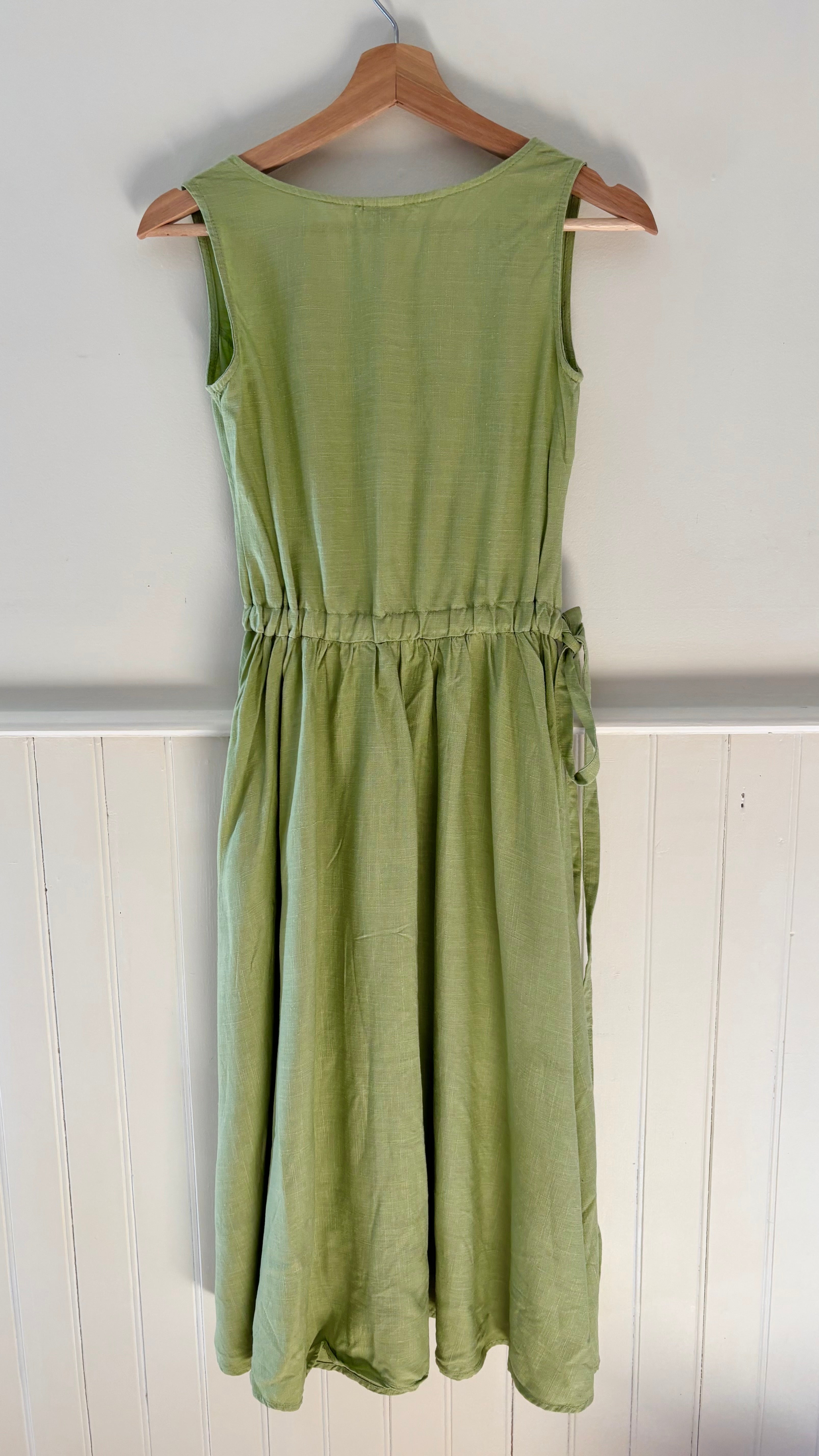 Y2K Green Linen Midi Dress with Tie