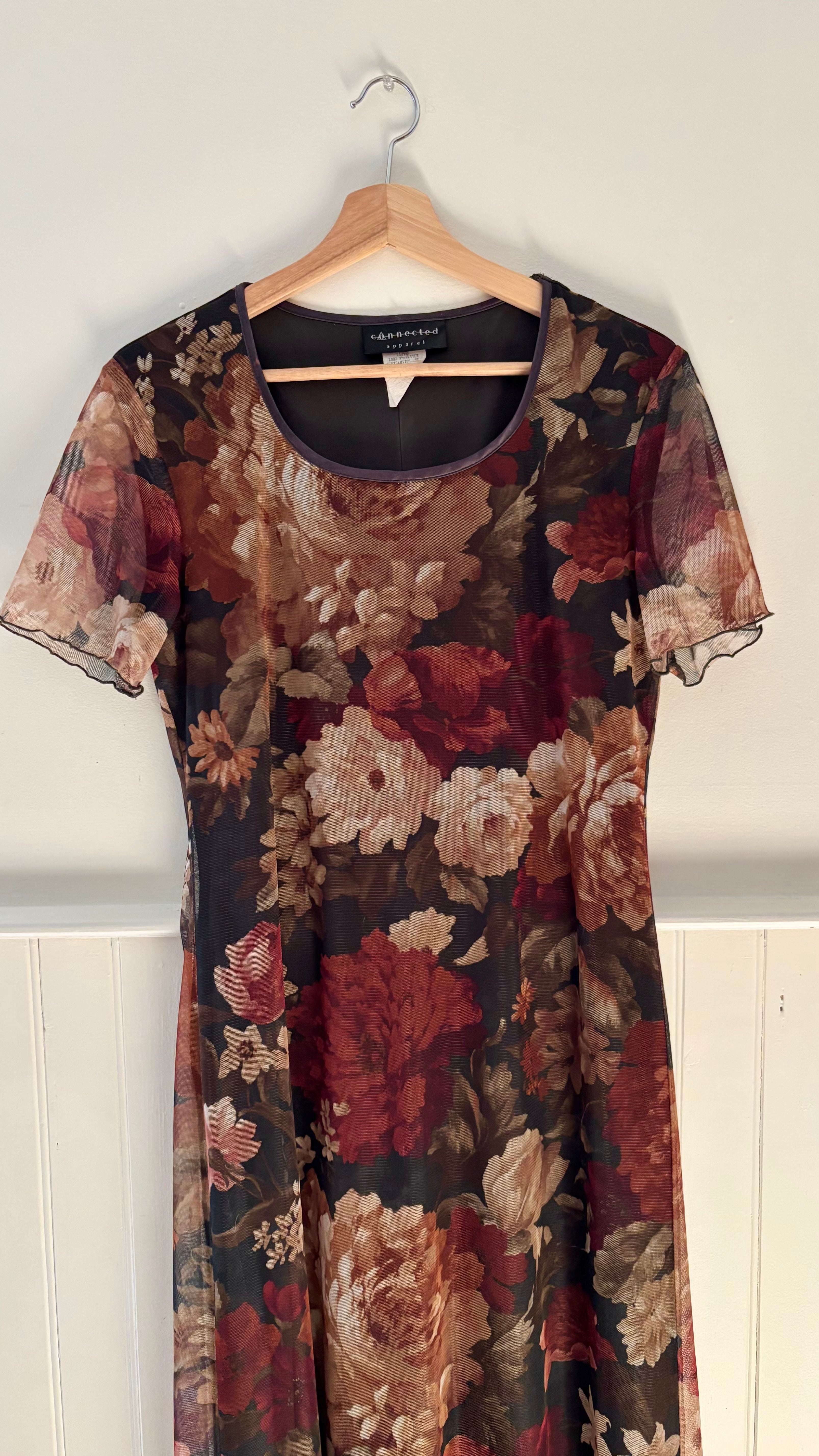 1990s Floral Maxi Dress with Sheer Overlay
