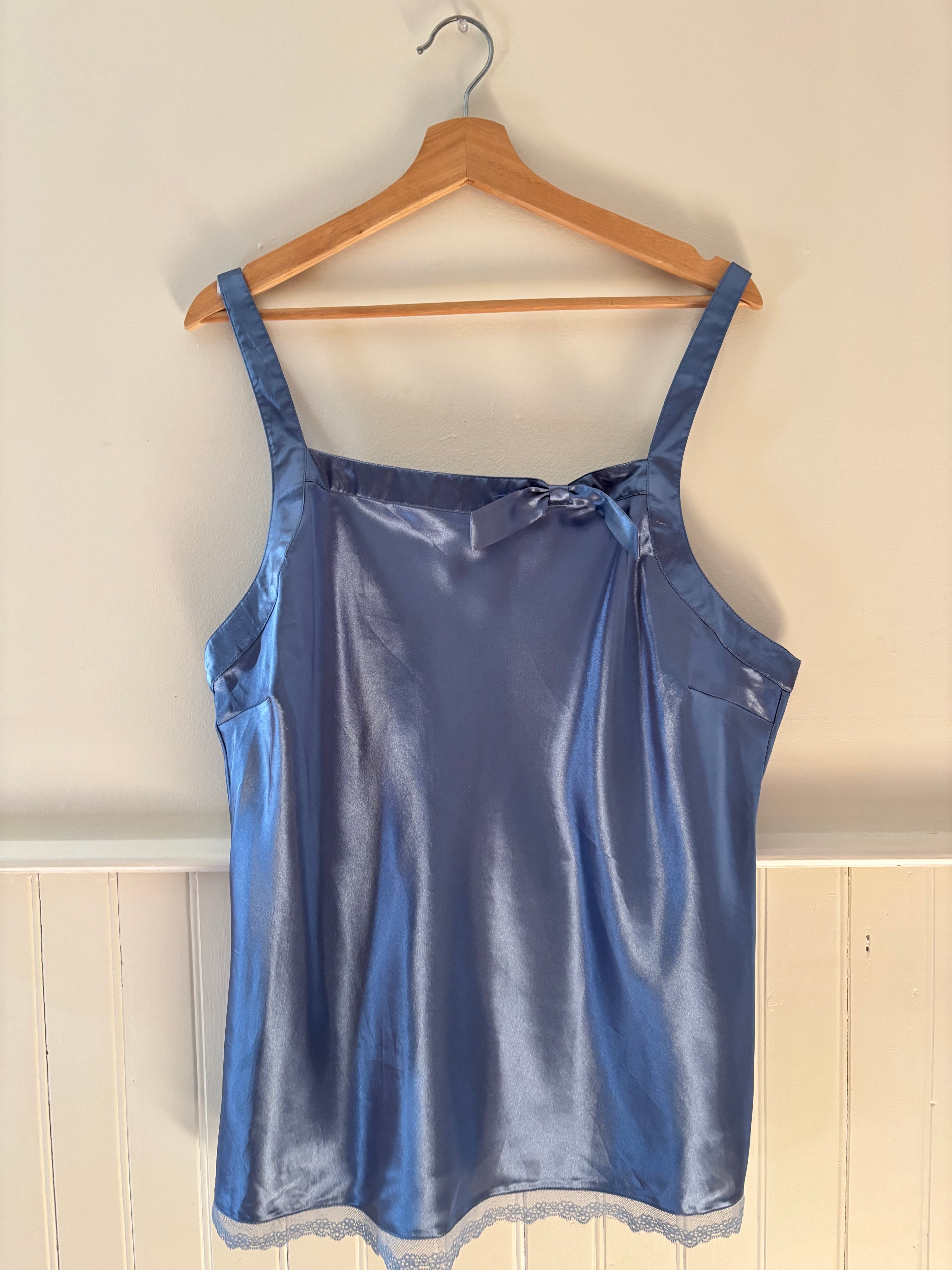 Y2K Blue Satin Camisole with Bow & Lace Trim