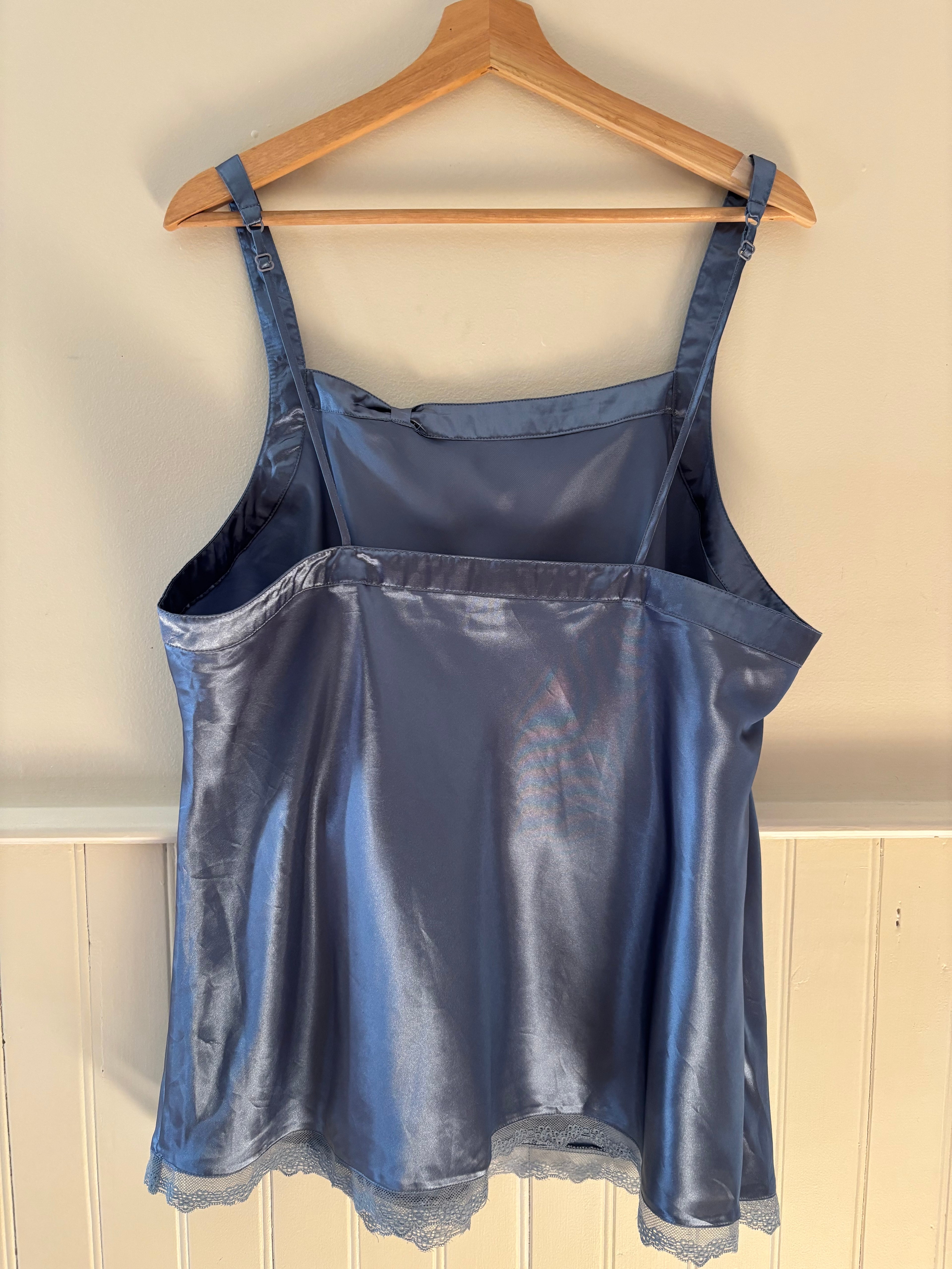 Y2K Blue Satin Camisole with Bow & Lace Trim