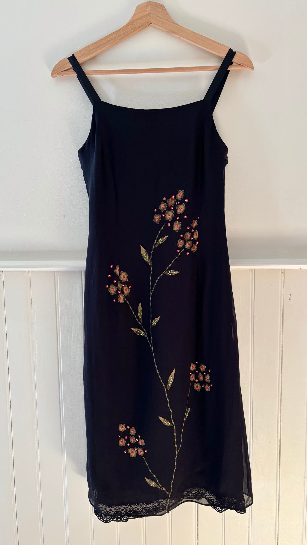 1990s Black Silk Beaded Floral Midi Dress with Lace Trim
