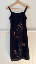 1990s Black Silk Beaded Floral Midi Dress with Lace Trim