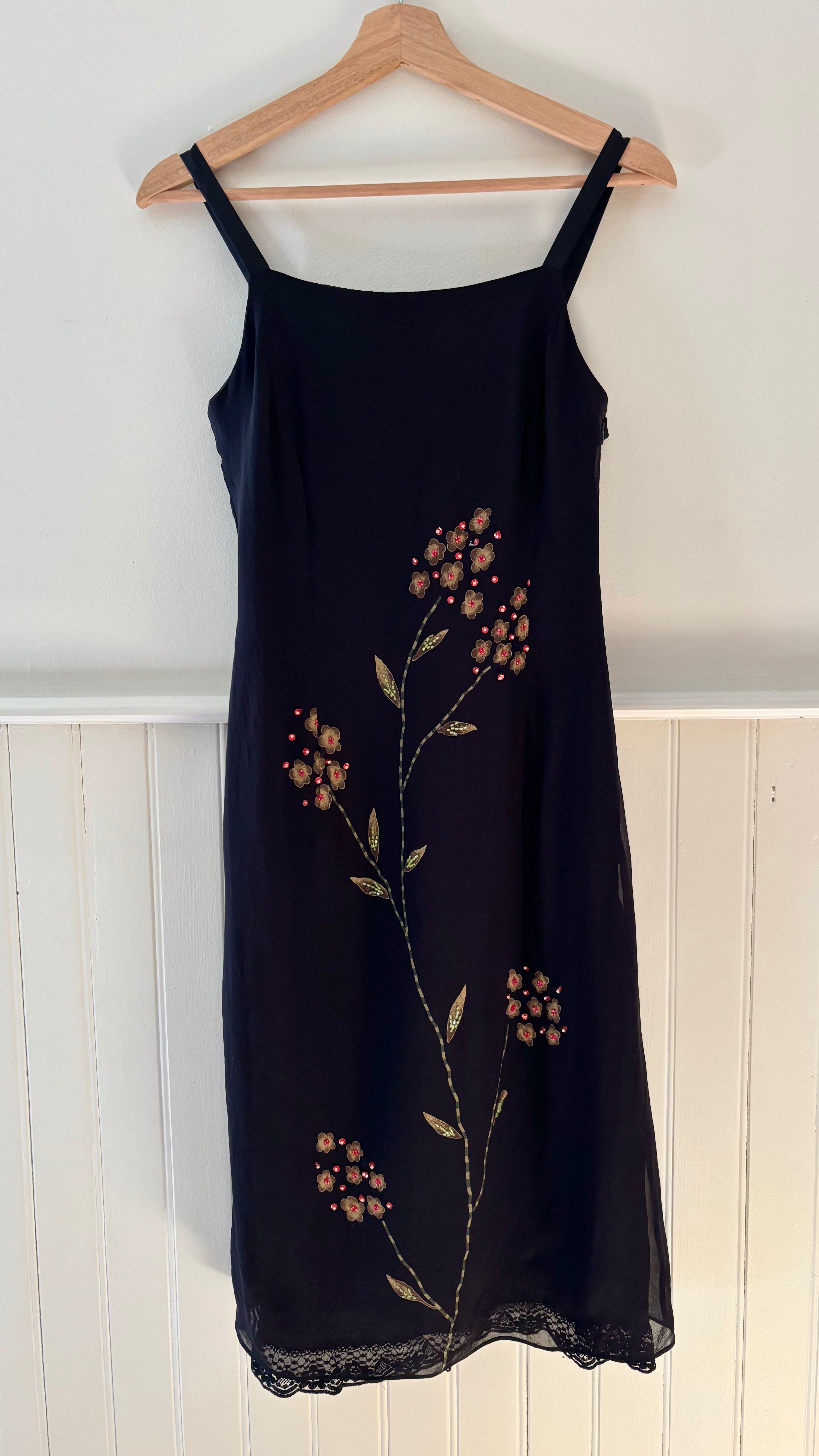 1990s Black Silk Beaded Floral Midi Dress with Lace Trim