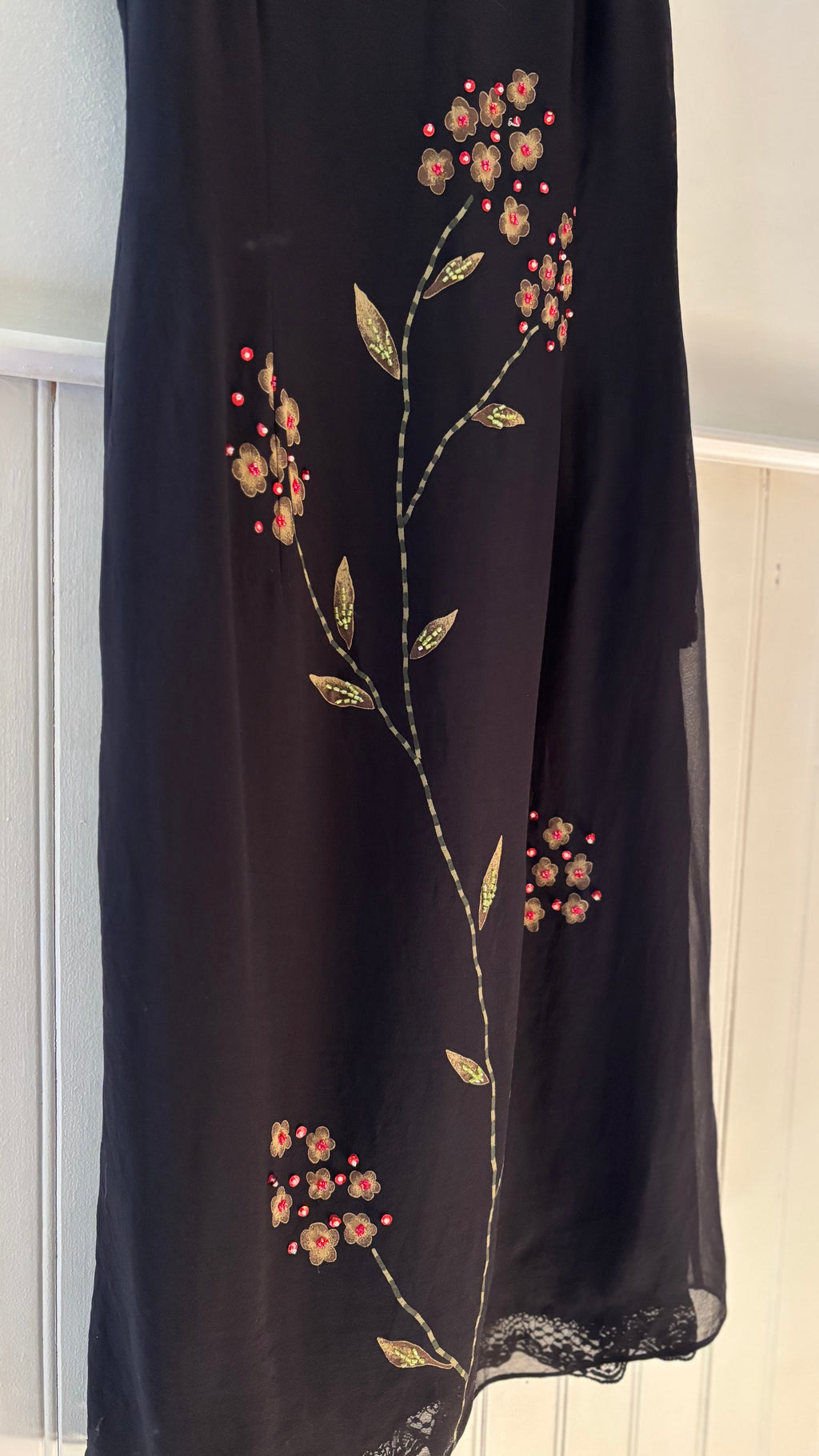 1990s Black Silk Beaded Floral Midi Dress with Lace Trim
