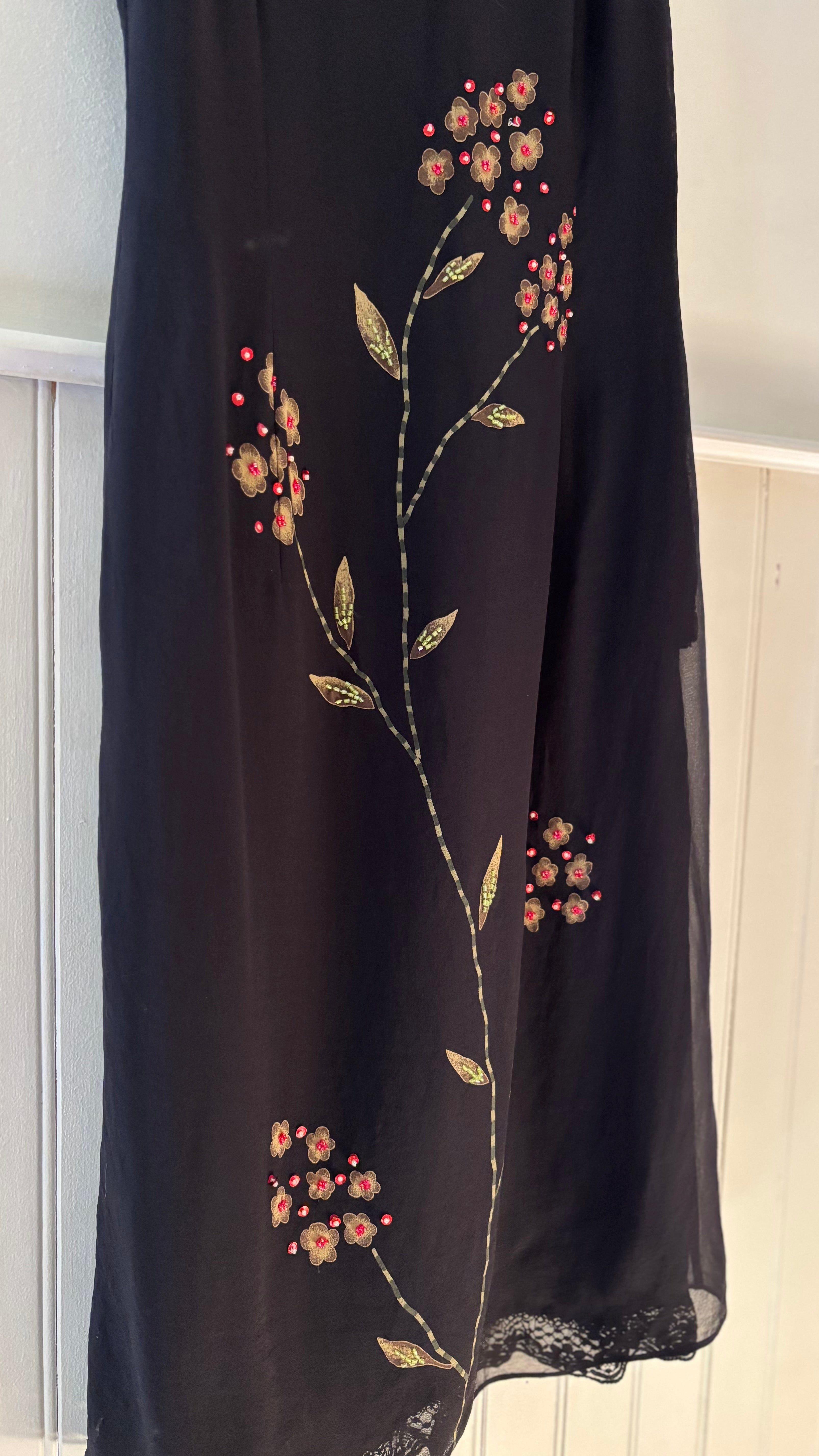 1990s Black Silk Beaded Floral Midi Dress with Lace Trim