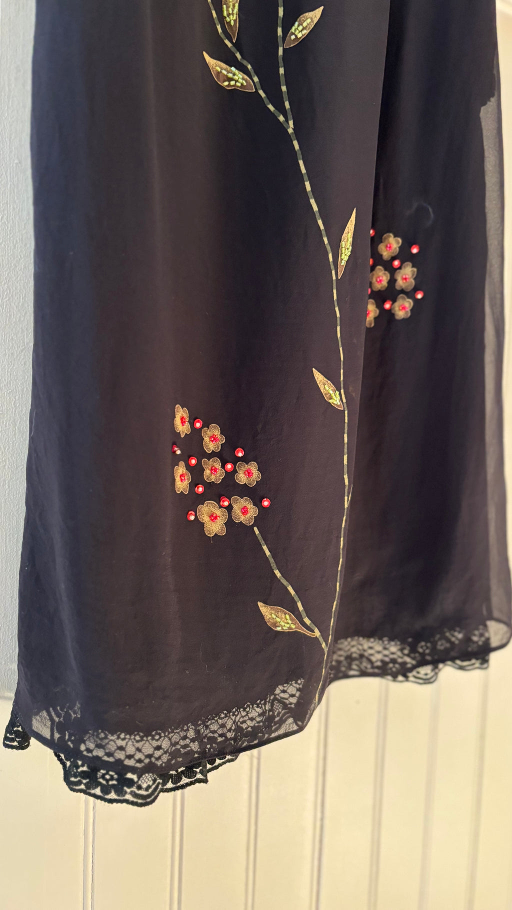 1990s Black Silk Beaded Floral Midi Dress with Lace Trim