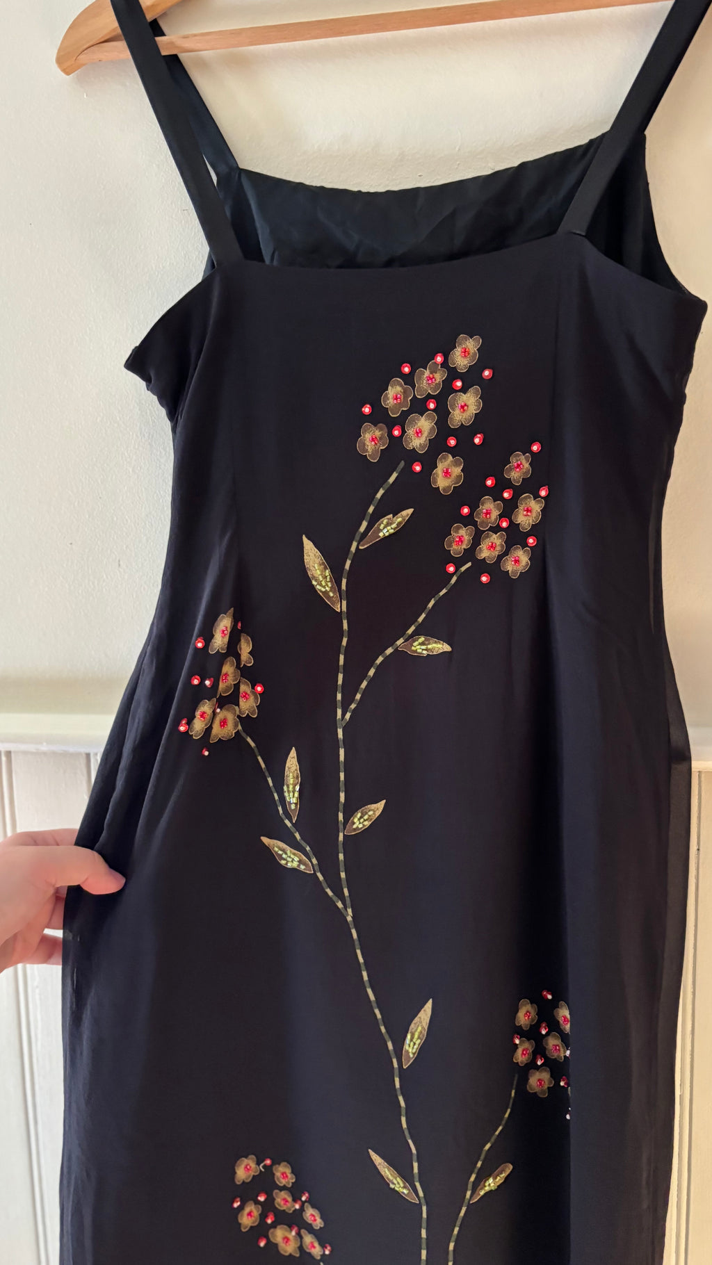 1990s Black Silk Beaded Floral Midi Dress with Lace Trim