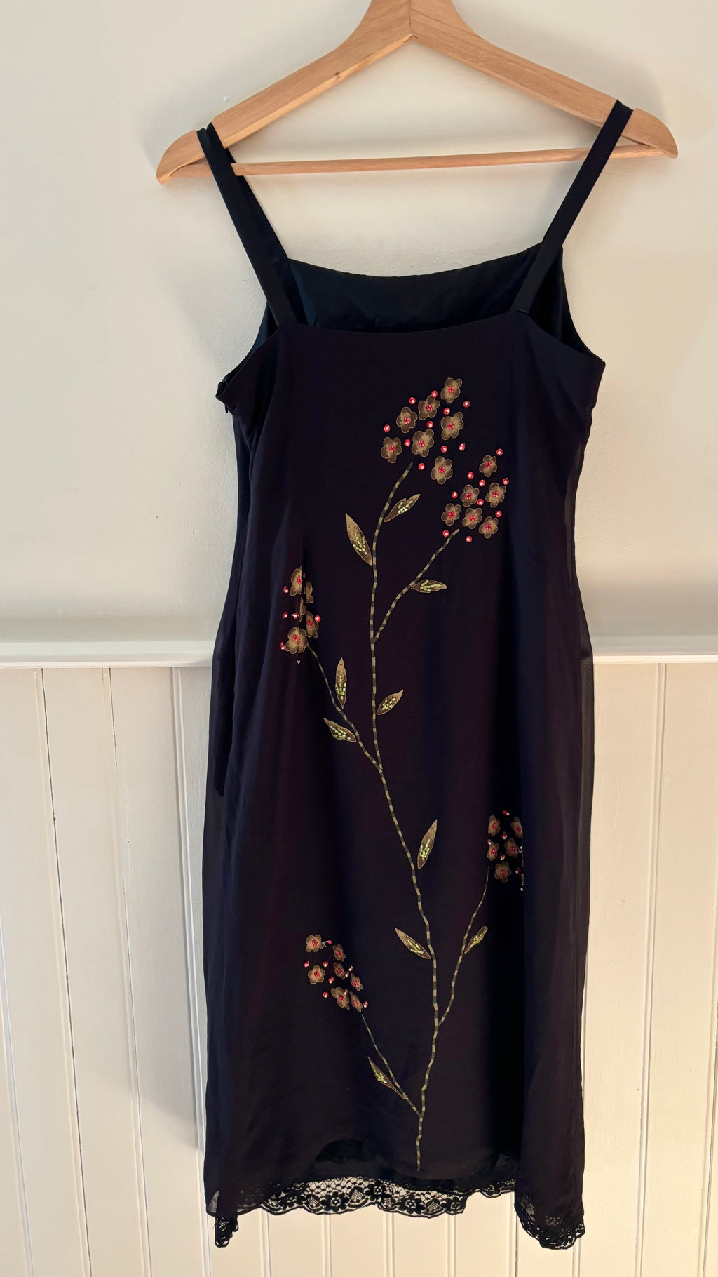 1990s Black Silk Beaded Floral Midi Dress with Lace Trim
