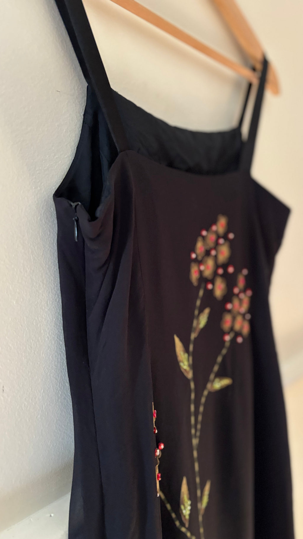 1990s Black Silk Beaded Floral Midi Dress with Lace Trim