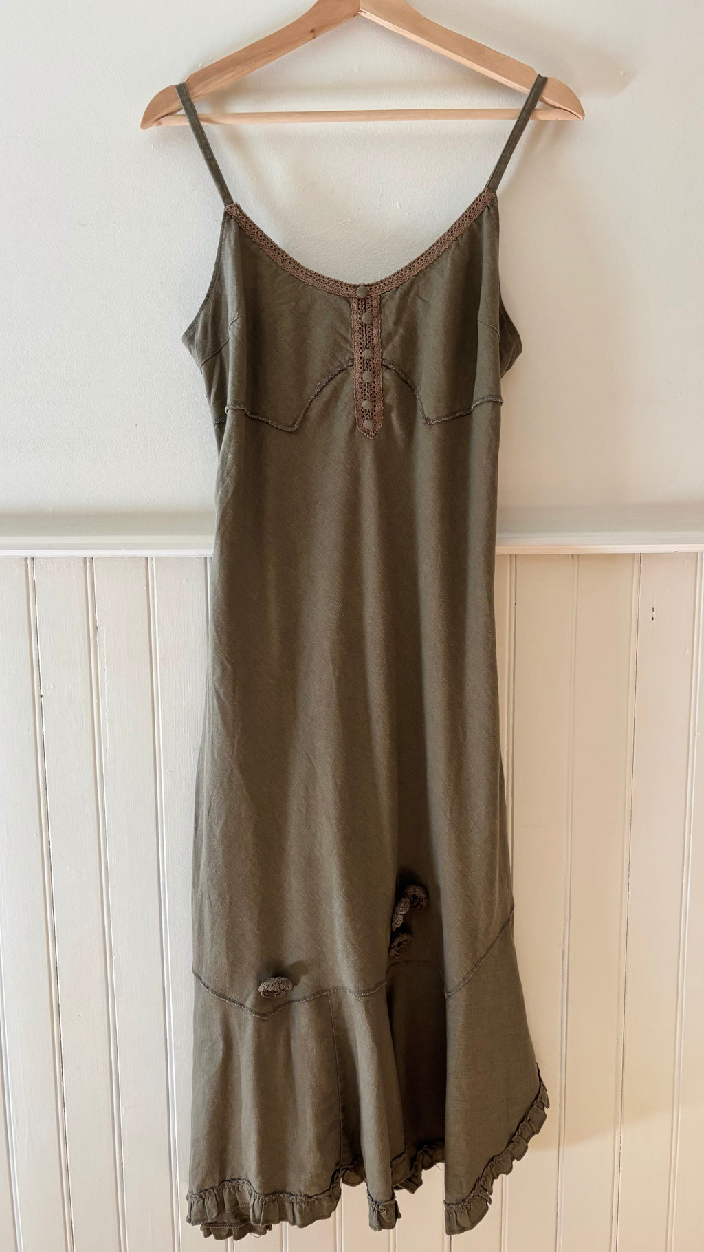 1990s Linen Dress with Asymmetrical Hem & Roses