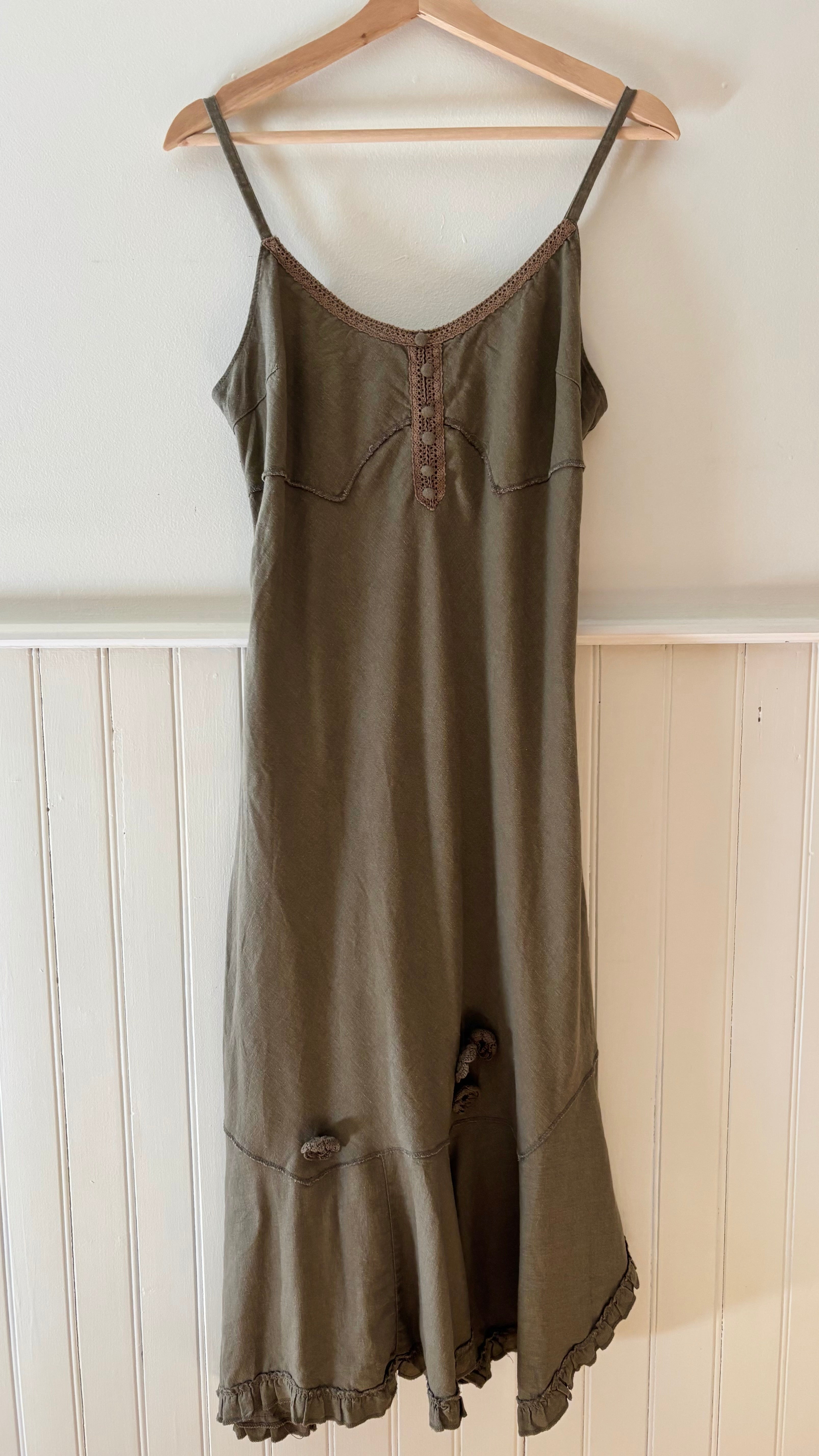 1990s Linen Dress with Asymmetrical Hem & Roses