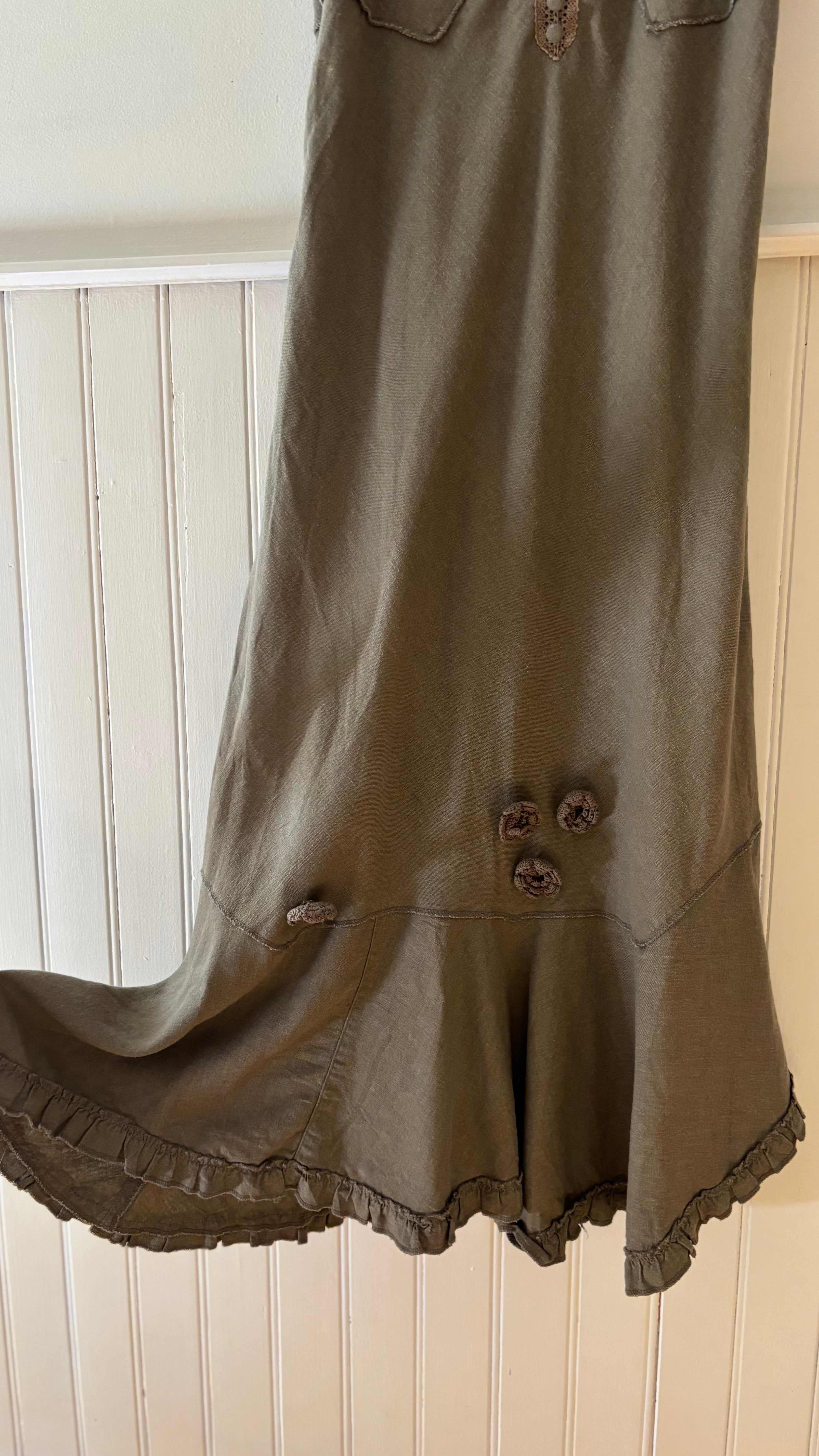 1990s Linen Dress with Asymmetrical Hem & Roses