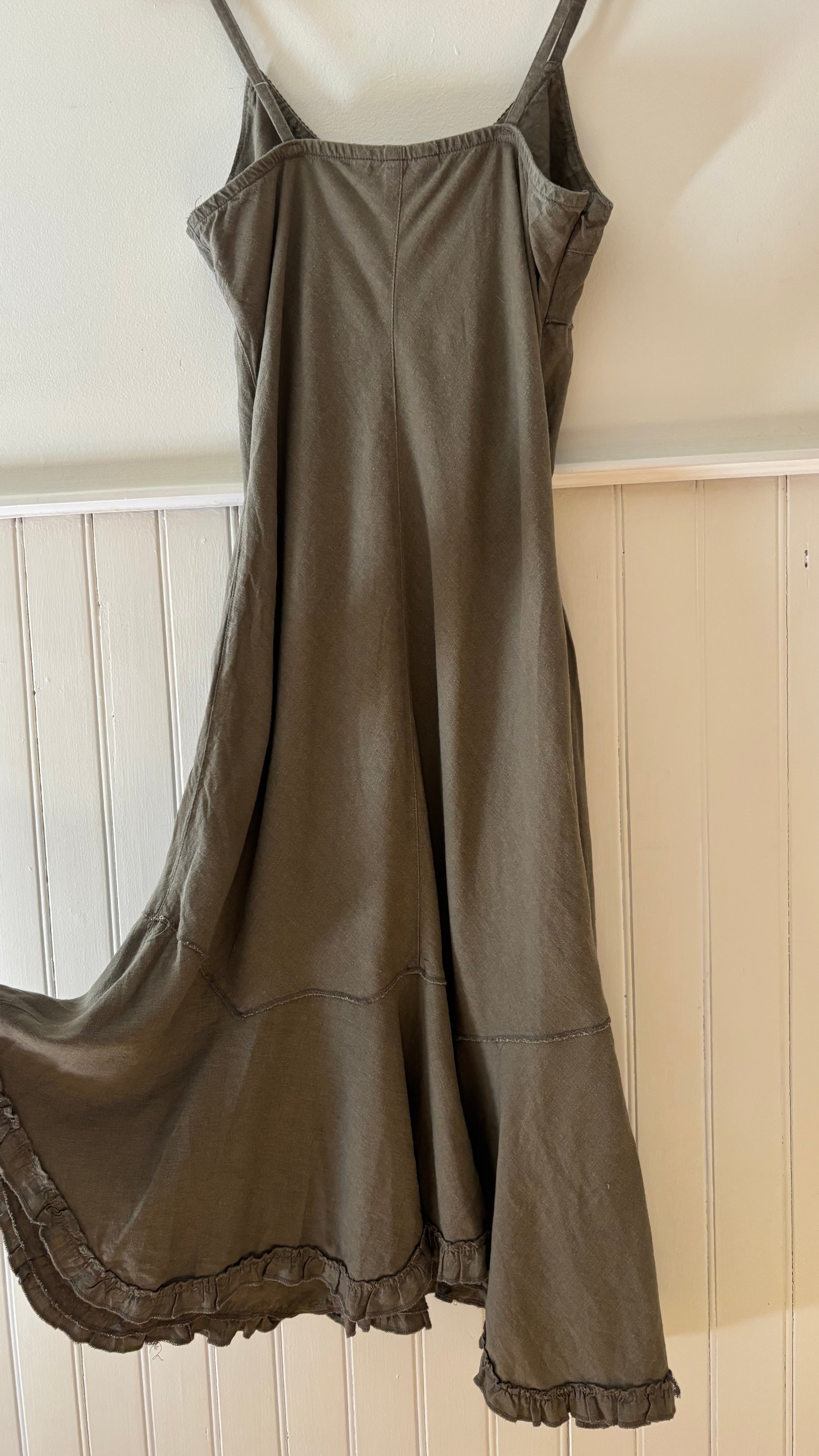 1990s Linen Dress with Asymmetrical Hem & Roses