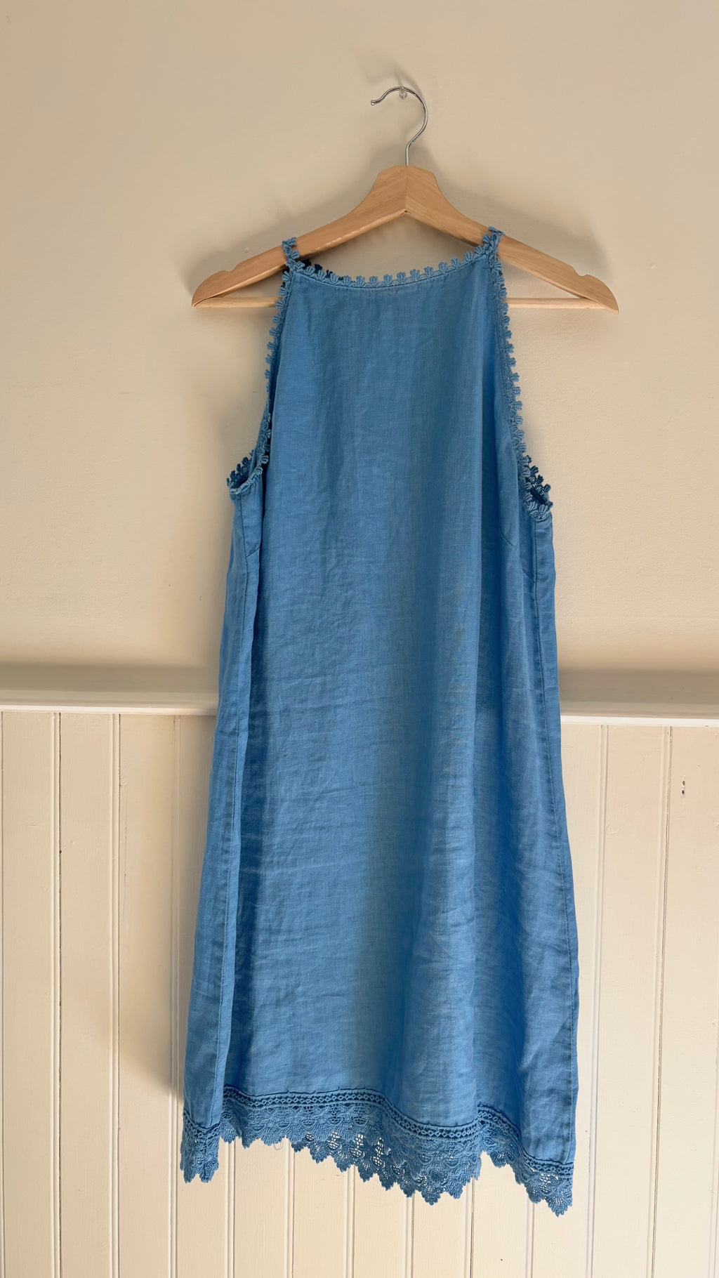Light Blue High Neck Linen Dress with Lace Trim