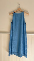 Light Blue High Neck Linen Dress with Lace Trim