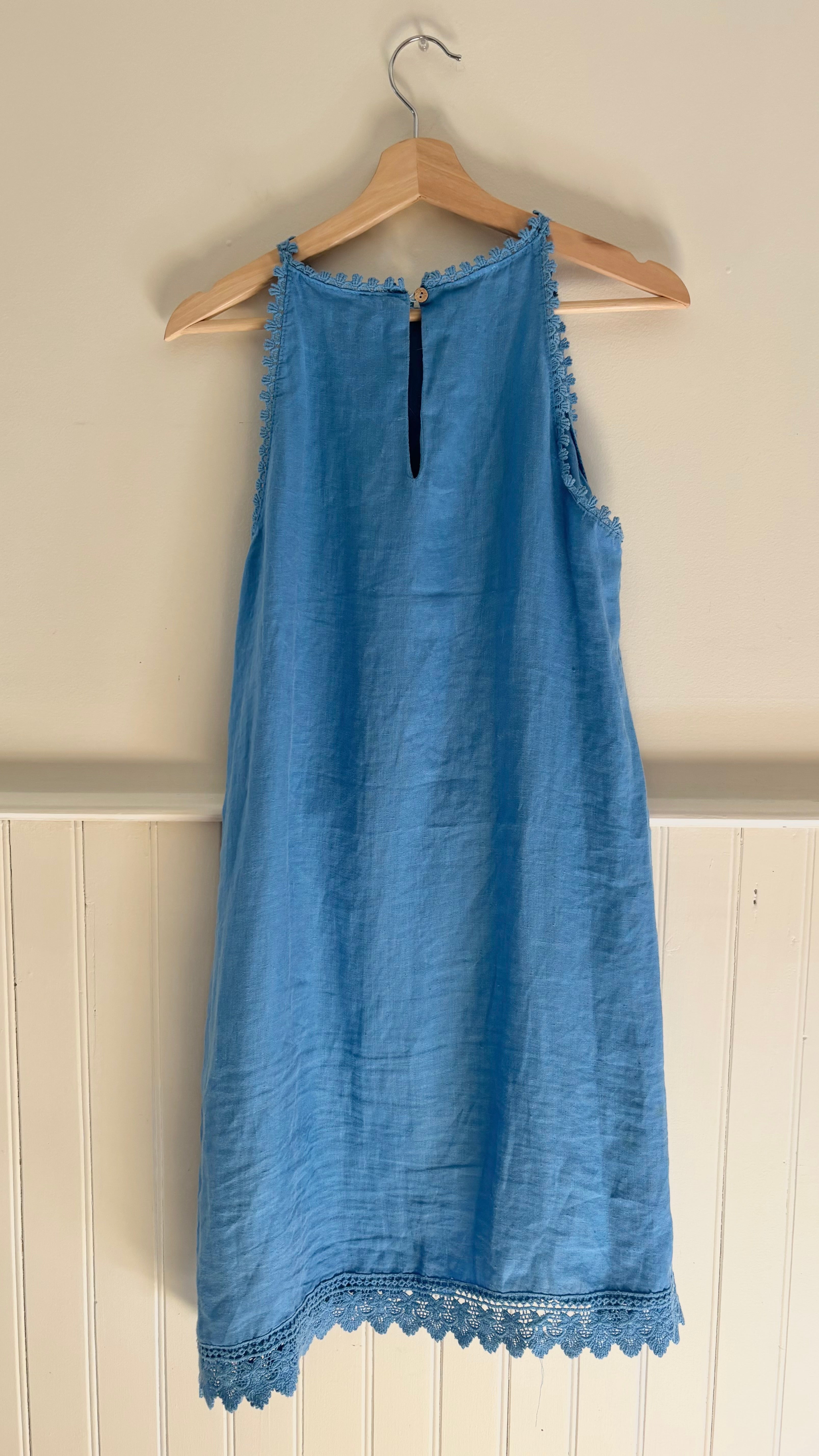 Light Blue High Neck Linen Dress with Lace Trim