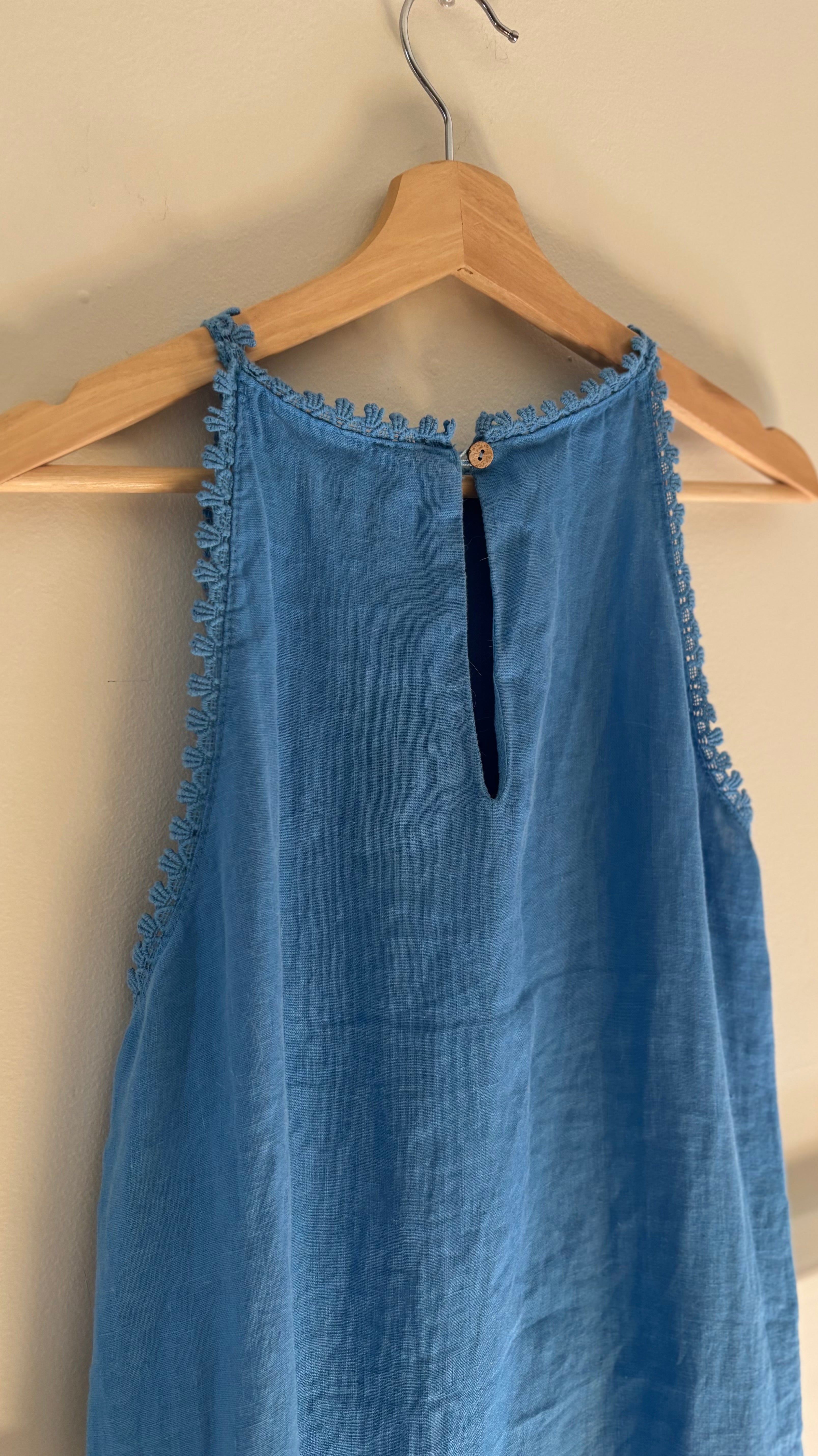 Light Blue High Neck Linen Dress with Lace Trim