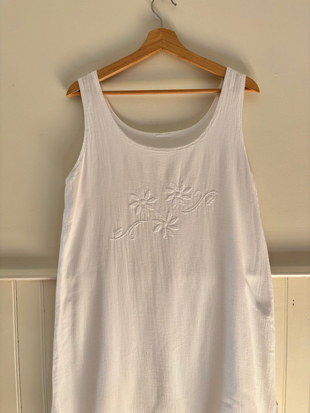 1990s Cotton Embroidered Midi Floral Dress with Double Hem