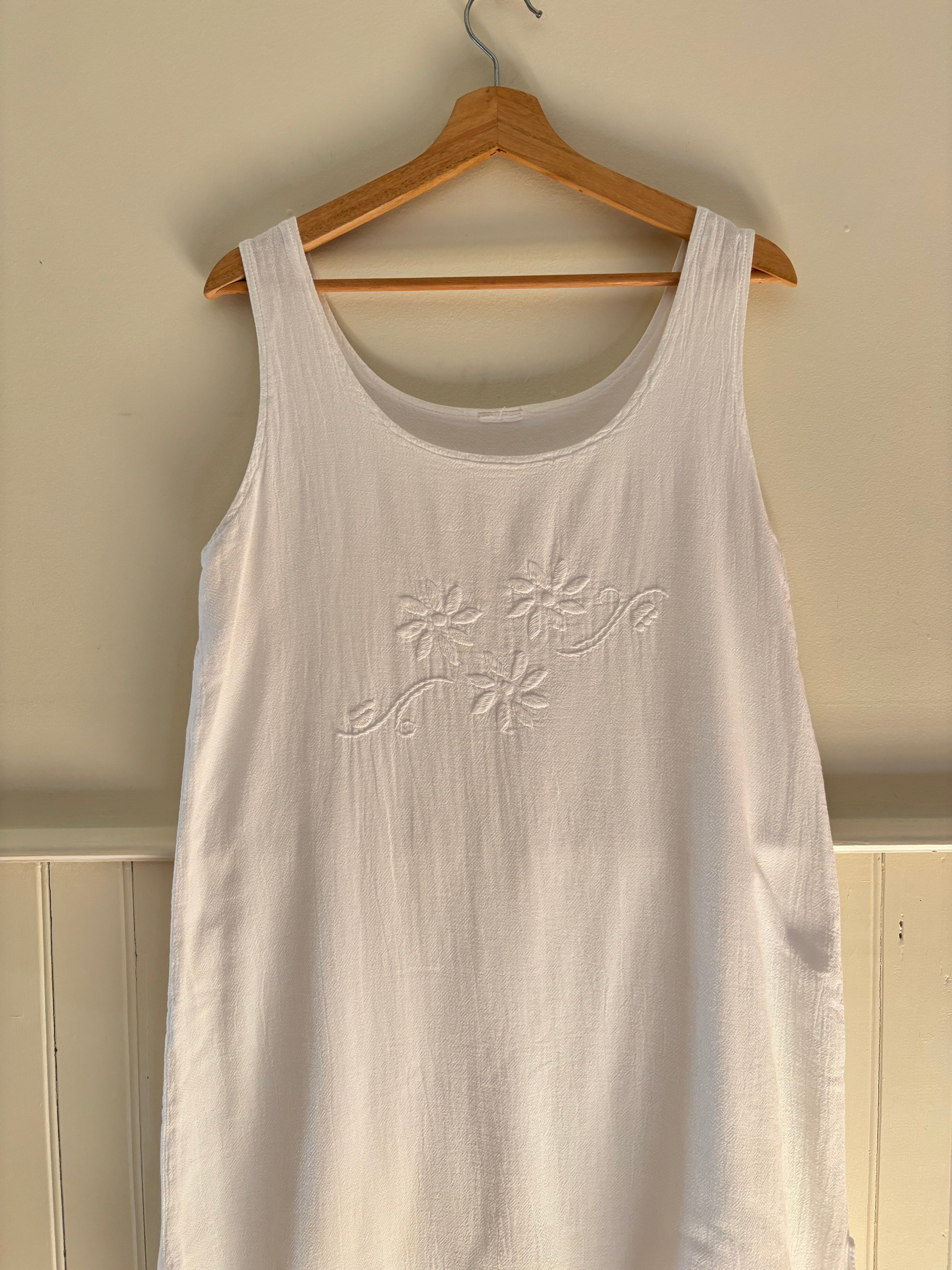 1990s Cotton Embroidered Midi Floral Dress with Double Hem